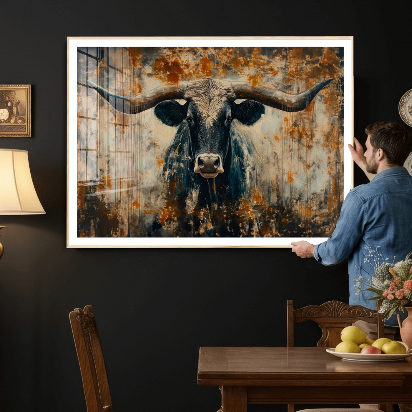 85913-MGV-CV-36X24 - Abstract Longhorn Bull Wall Art | Rustic Western Wall Decor | Framed and Ready to Hang | Ideal for