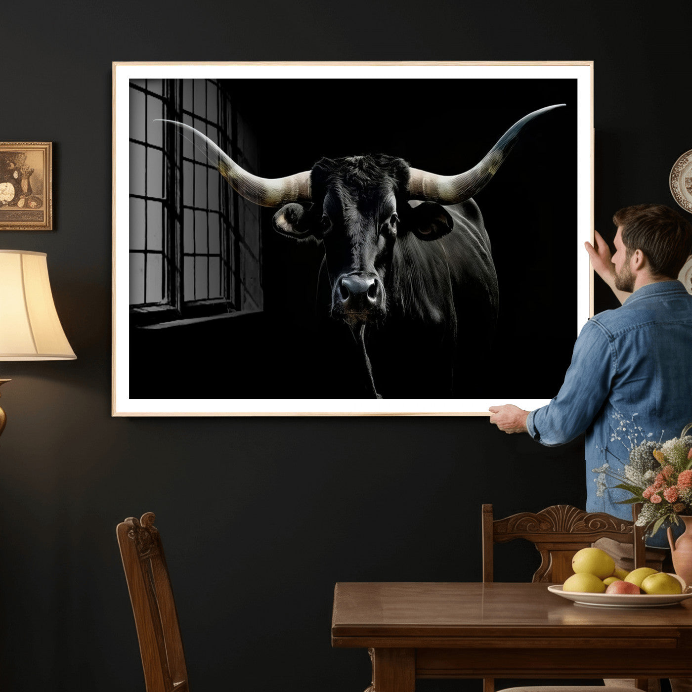 20679-MGV-CV-36X24 - Texas Black Longhorn Bull Wall Art Canvas Print - Western Texas Cattle Rustic Decor Print - Longhorn
