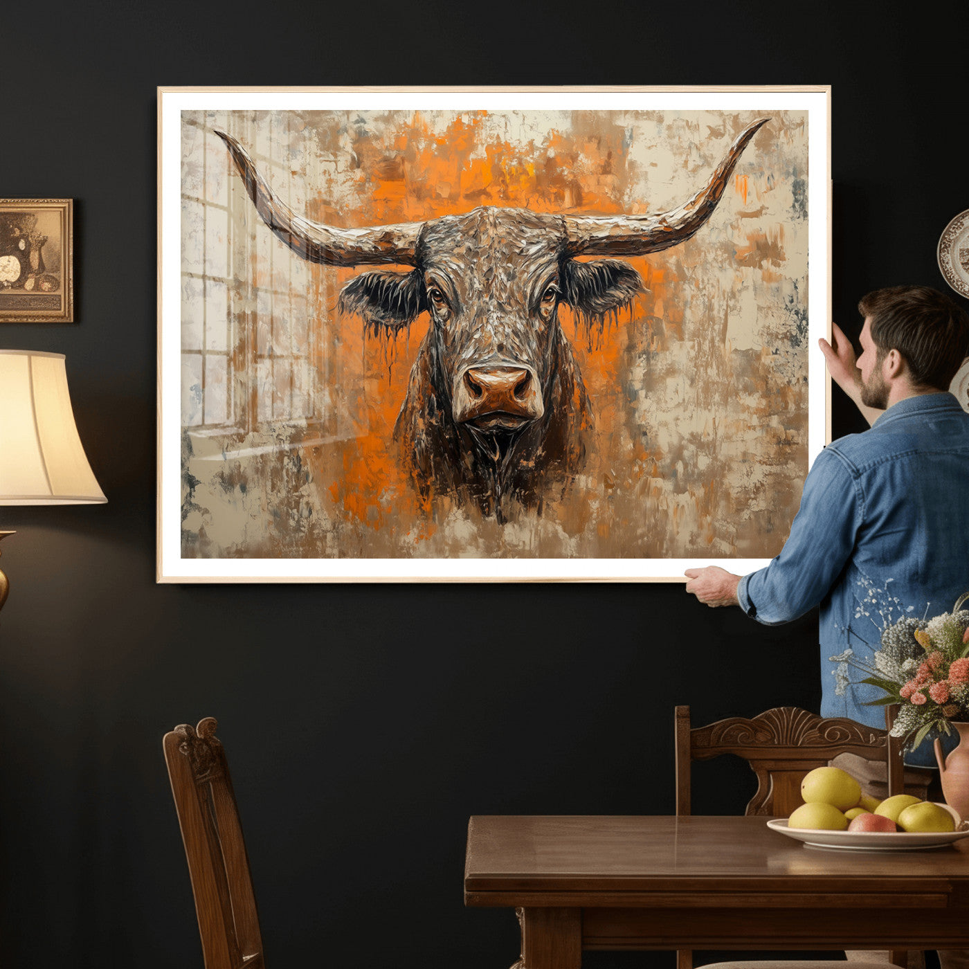 49976-MGV-CV-36X24 - Abstract Cow Longhorn Bull Wall Art Canvas Print - Rustic Texas Western Cattle Artwork