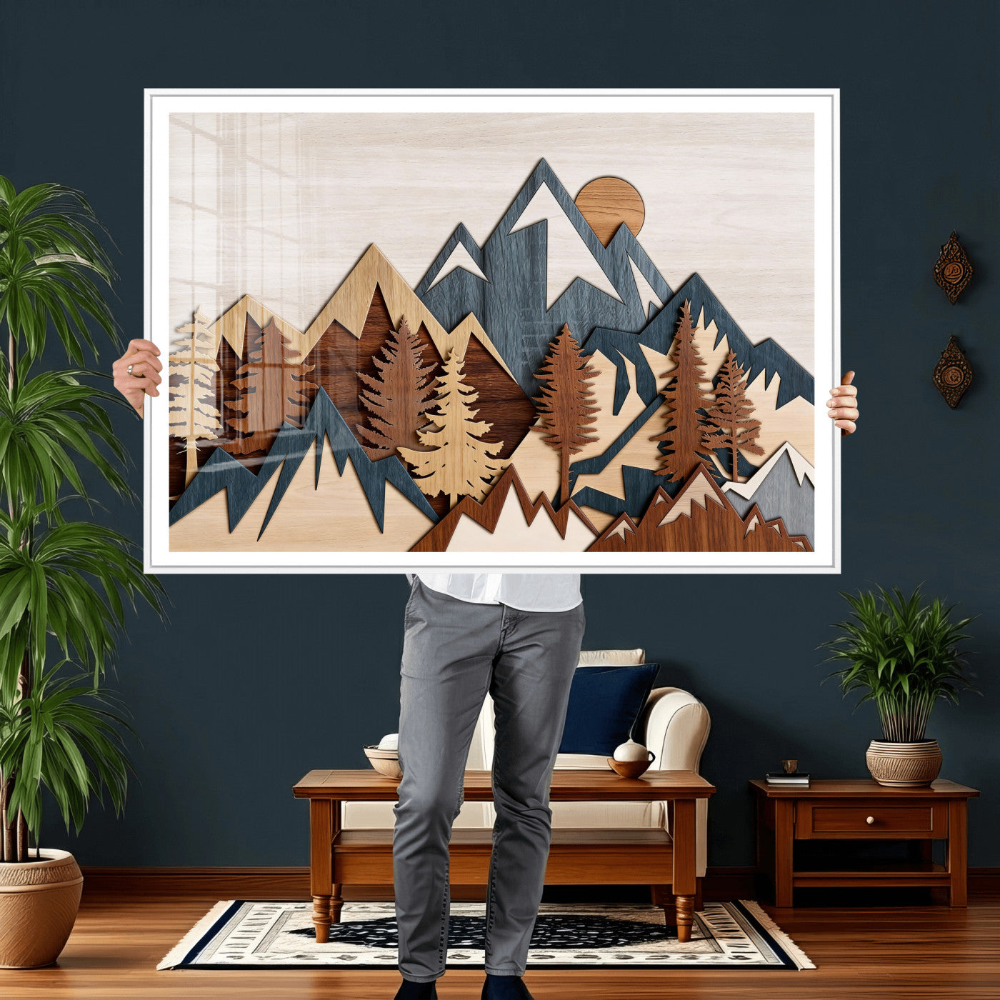 67950-MGV-CV-36X24 - Rustic Abstract Wood Panel Effect Canvas Mountain Range Top Wood Wall Art Canvas Print