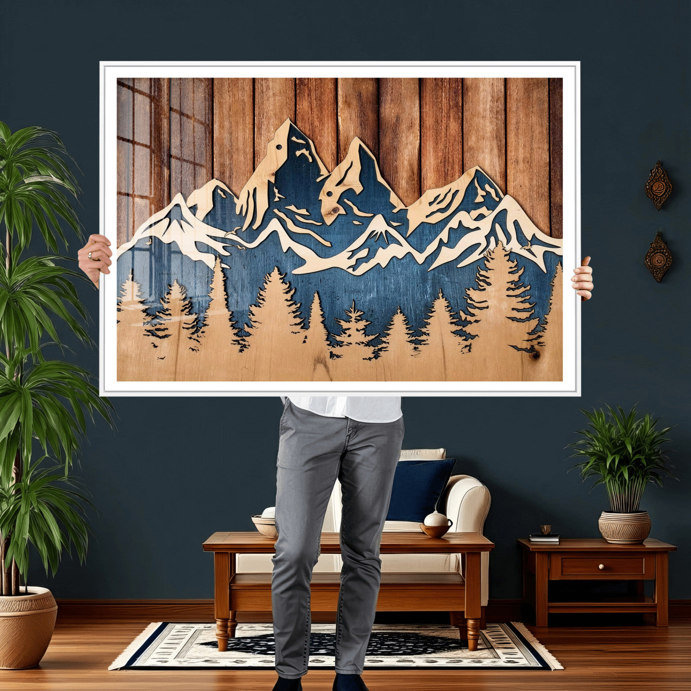 41330-MGV-CV-36X24 - Rustic Wood Style Mountain Wall Art, Nature Forest Canvas Print, Wooden Textured Mountain Artwork Print