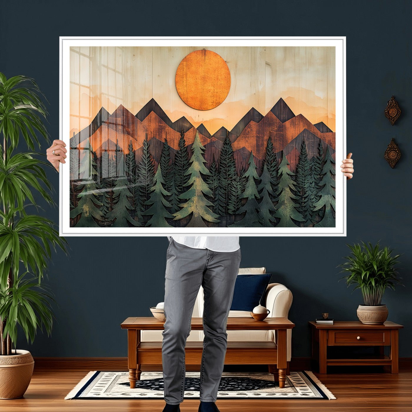 77739-MGV-CV-36X24 - Wood Style Sunset Mountain Landscape Canvas Wall Art Print - Nature Decor for Living Room, Office