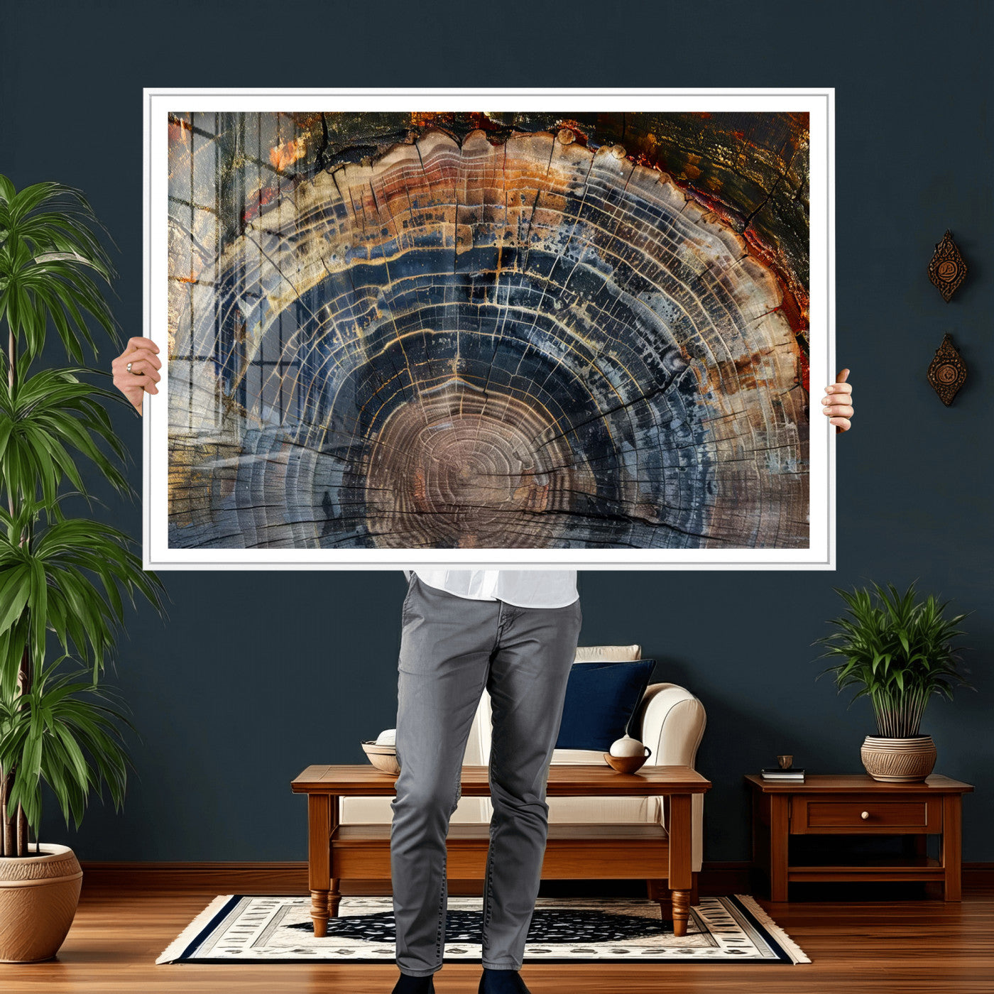 16193-MGV-CV-36X24 - Framed Wood Tree Ring Wall Art - Abstract Colorful Wood Ring Wall Decor for Minimalist Home Decor