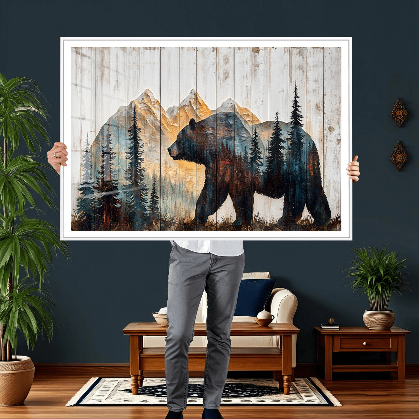 90077-MGV-CV-36X24 - Rustic Bear Wall Art - Grizzly 399 Bear Wall Art - Mountain Wood Canvas Wall Art - Nature Theme