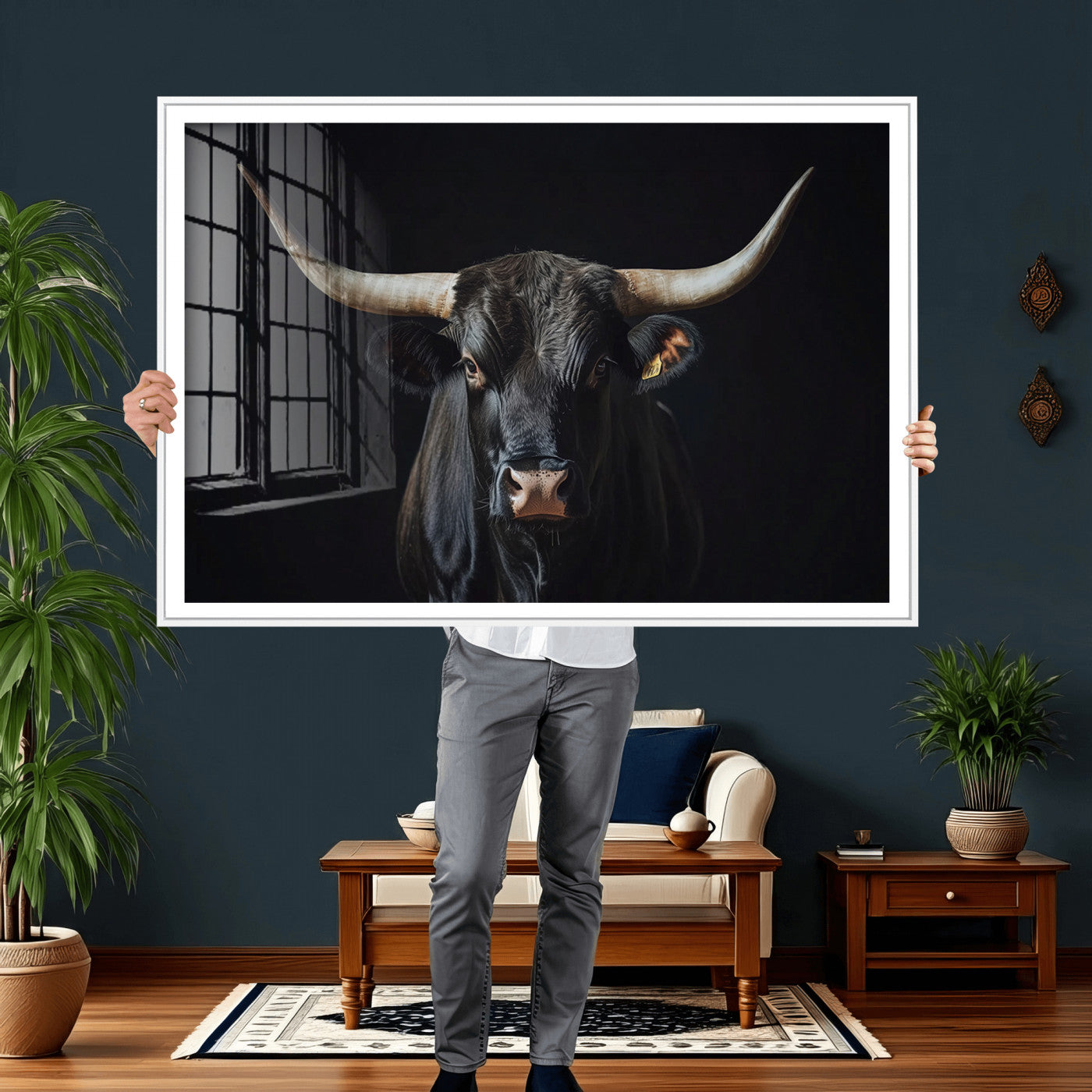48065167-MGV-CV-36X24 - Texas Longhorn Bull Wall Art Canvas Print – Western Black Bull Art Print for Farmhouse Ranch Decor
