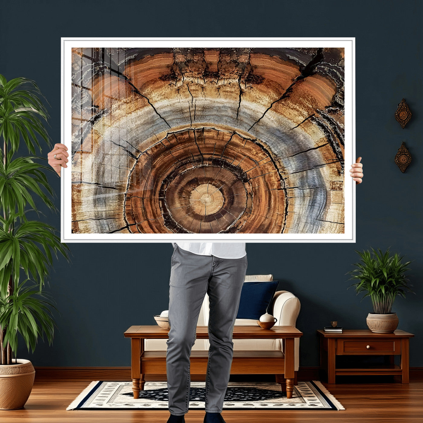 15184146-MGV-CV-36X24 - Tree Rings Wall Art Canvas Print, Framed Wood Texture Art Picture Print, Rustic Pattern Perfect Rustic Organic Decor Artwork