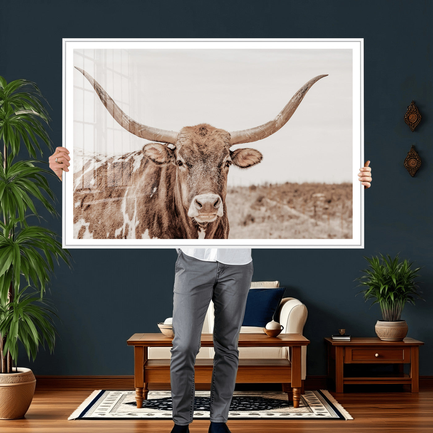 39964150-MGV-CV-36X24 - Longhorn Cow Wall Art Canvas Print, Texas Ranch Print, Framed Western Bull Art Print, Large BigHorn Cowboy Printing Perfect for County Decor