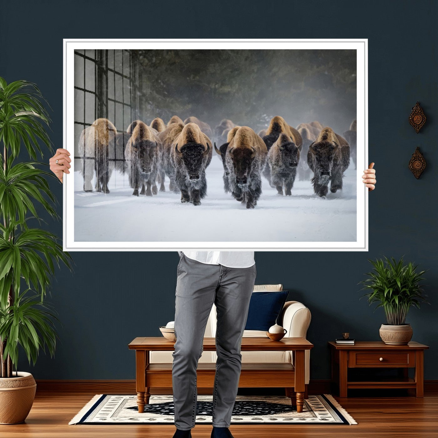 41669135-MGV-CV-36X24 - Winter Bison Herd Wall Art – Majestic Buffalo Charge Canvas Print with Snow Covered Plains, Rustic Wildlife Strength and Untamed Nature Decor for Home and Office