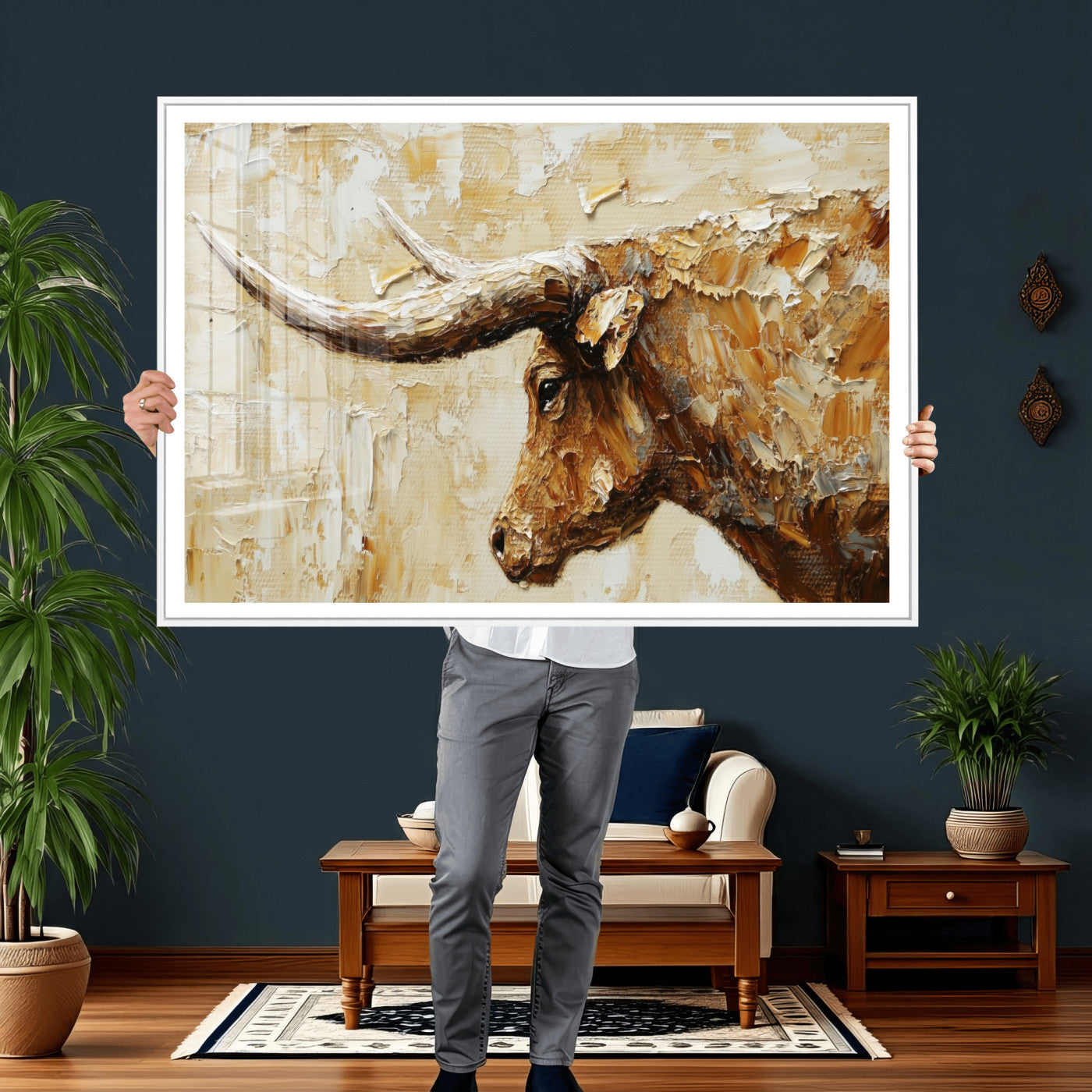 69611428-MGV-CV-36X24 - Rustic Longhorn Bull Wall Art Canvas Print – Vintage Western Cattle Painting, Texas Abstract Wall Cow Prints