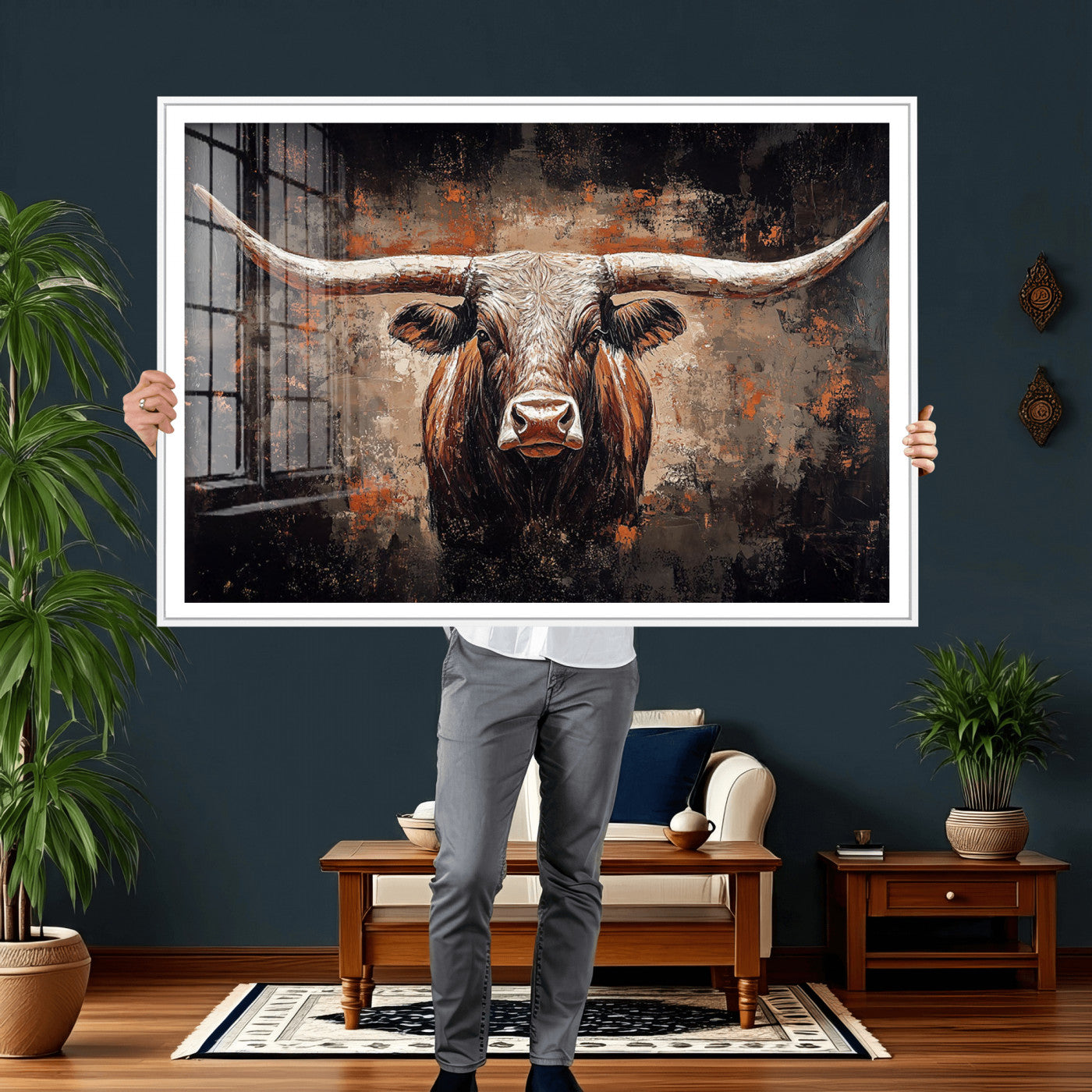 24779067-MGV-CV-36X24 - Rustic Longhorn Bull Wall Art Canvas Print – Vintage Western Cattle Painting, Texas Steer Artwork