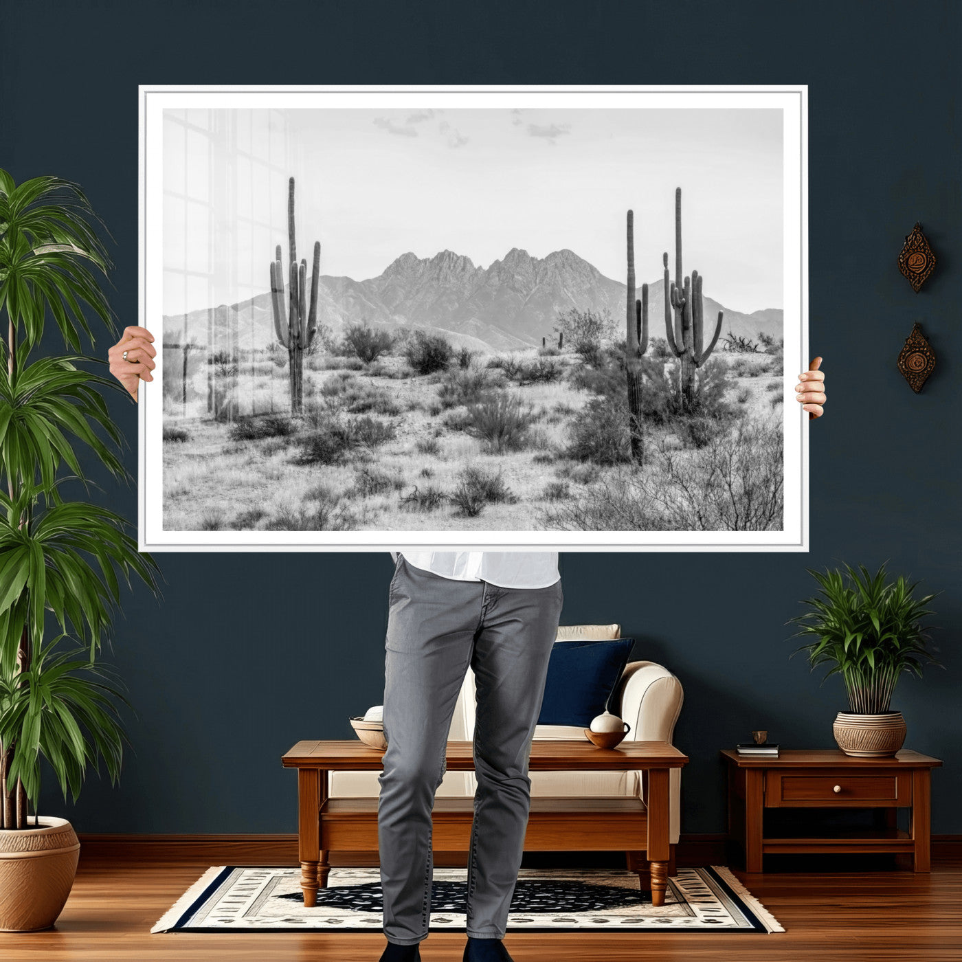 97436PHN-MGV-CV-36X24 - Black White Arizona Desert Canvas Wall Art Cactus Farmhouse Wall Art