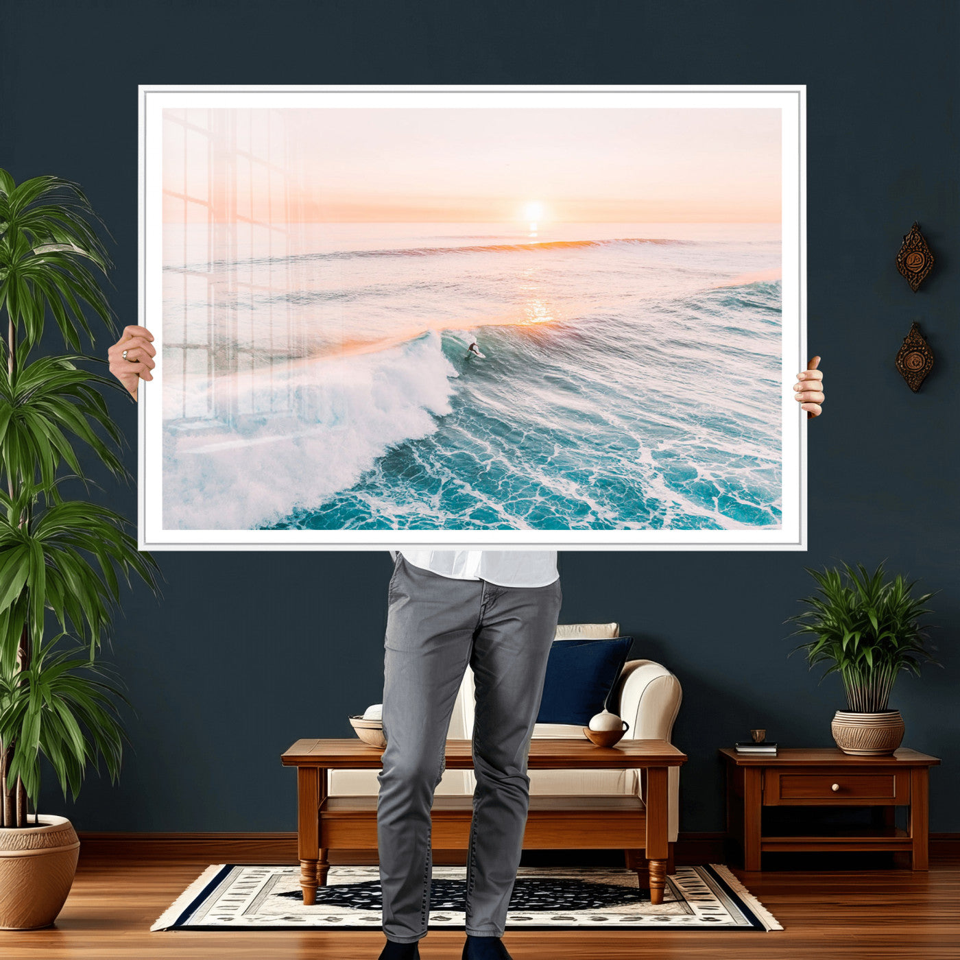 34064591-MGV-CV-36X24 - Sunset Surfing Wall Art Canvas Print, Ocean Wave Surfer with Golden Sky Artwork for Home, Office, Living Room