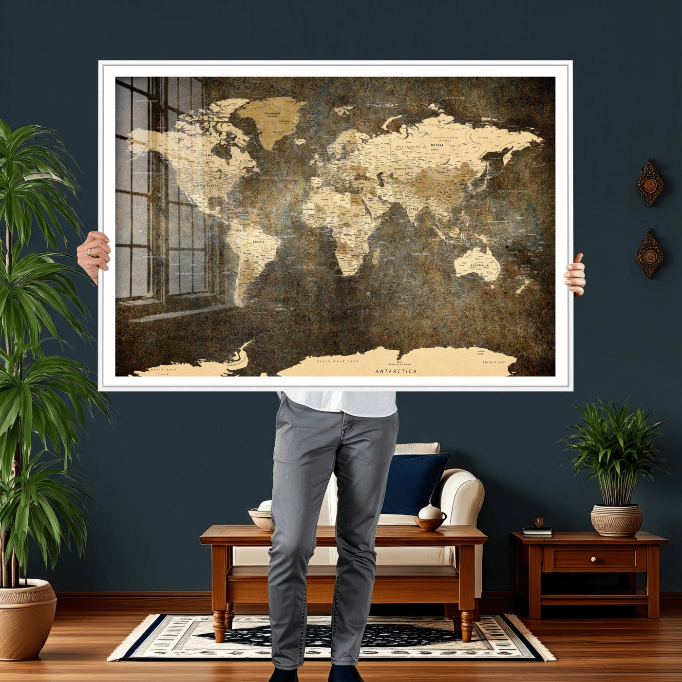 89742472-MGV-CV-36X24 - World Map Wall Art Canvas Print, Modern Decorative Framed Map Artwork Prints for Living Room, Office, Bedroom Wall Decor