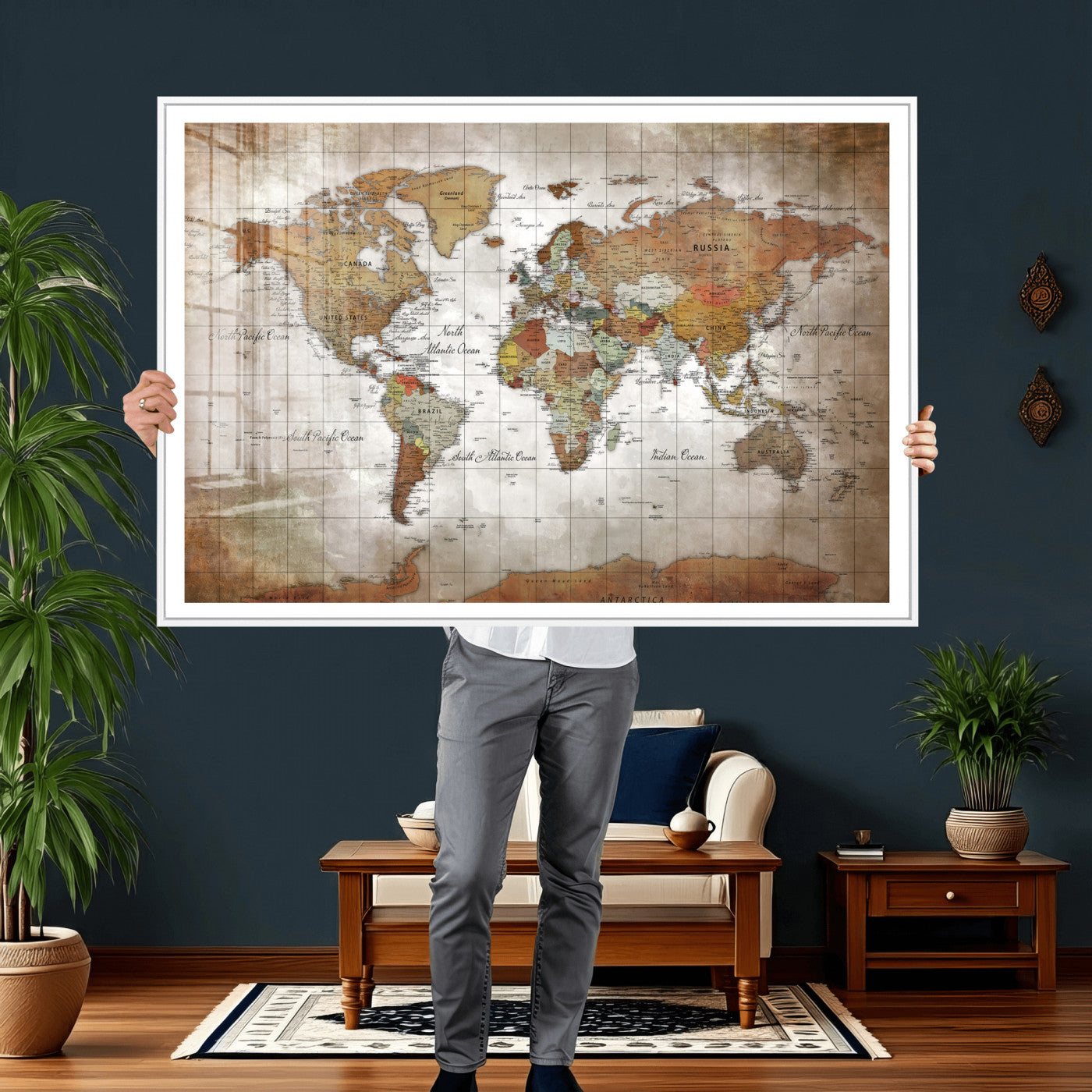 51643807-MGV-CV-36X24 - World Map Wall Art Canvas Print, Modern Decorative Framed Map Artwork Prints for Living Room, Office, Bedroom Wall Decor