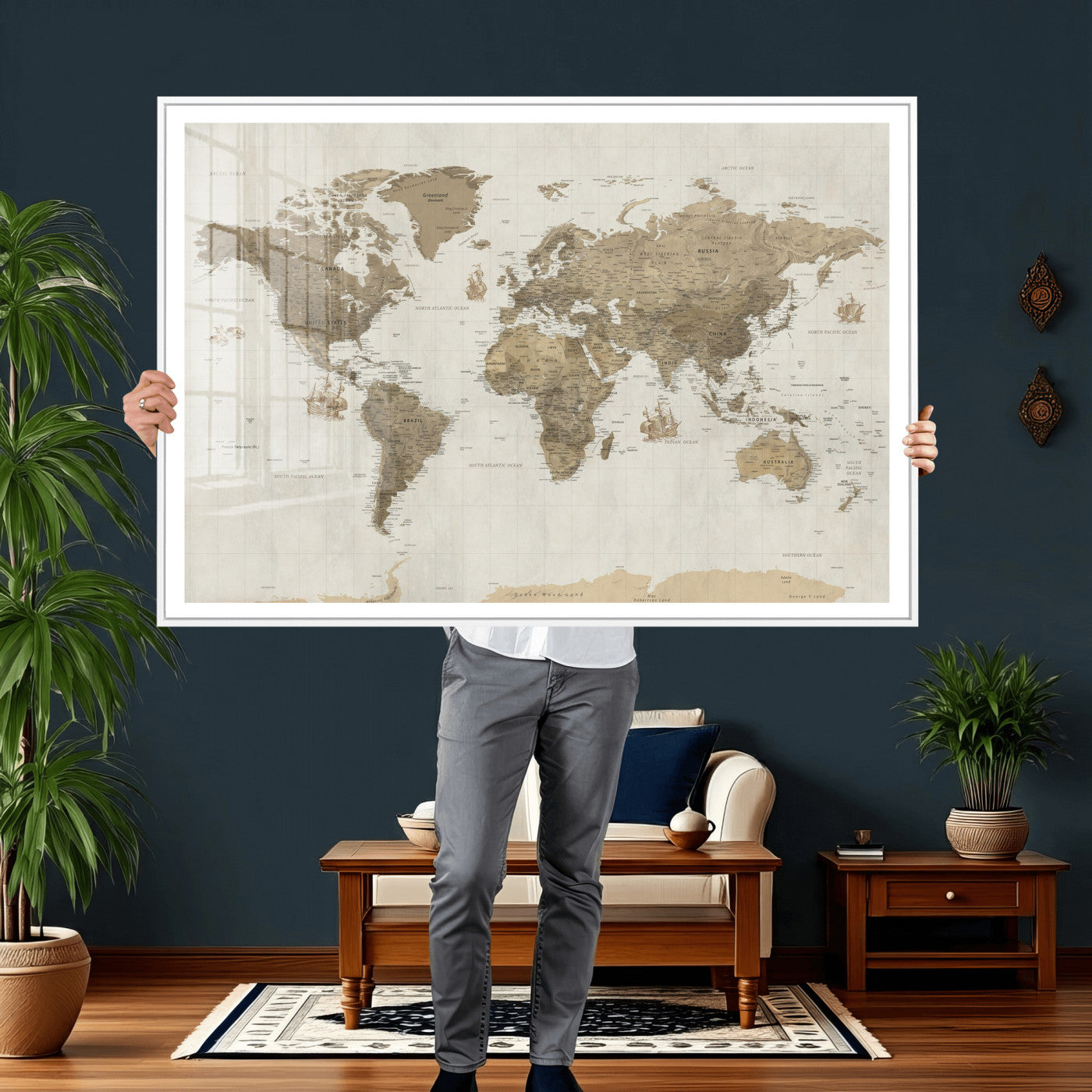 28283260-MGV-CV-36X24 - World Map Wall Art Canvas Print, Modern Decorative Framed Map Artwork Prints for Living Room, Office, Bedroom Wall Decor