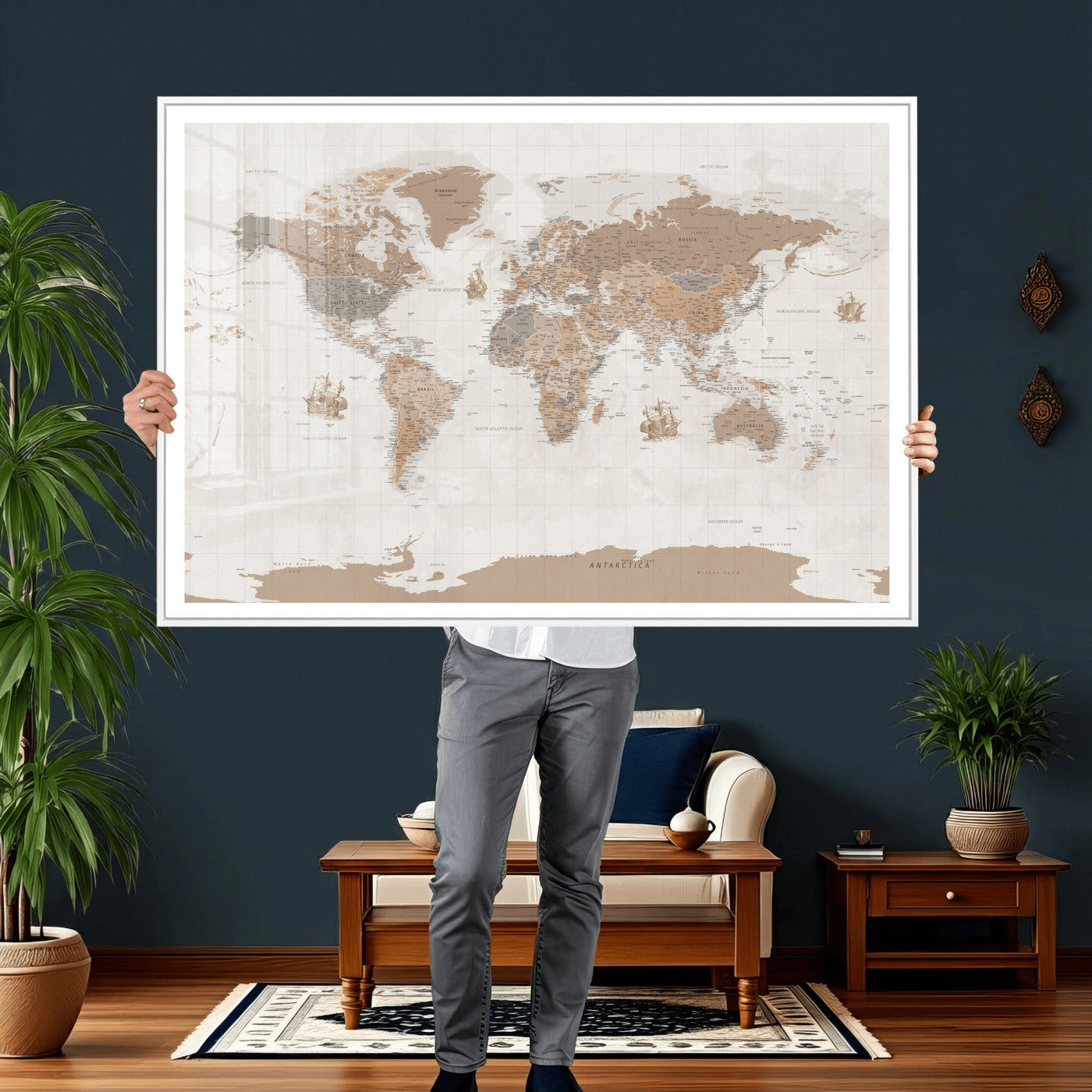 85057279-MGV-CV-36X24 - World Map Wall Art Canvas Print, Modern Decorative Framed Map Artwork Prints for Living Room, Office, Bedroom Wall Decor