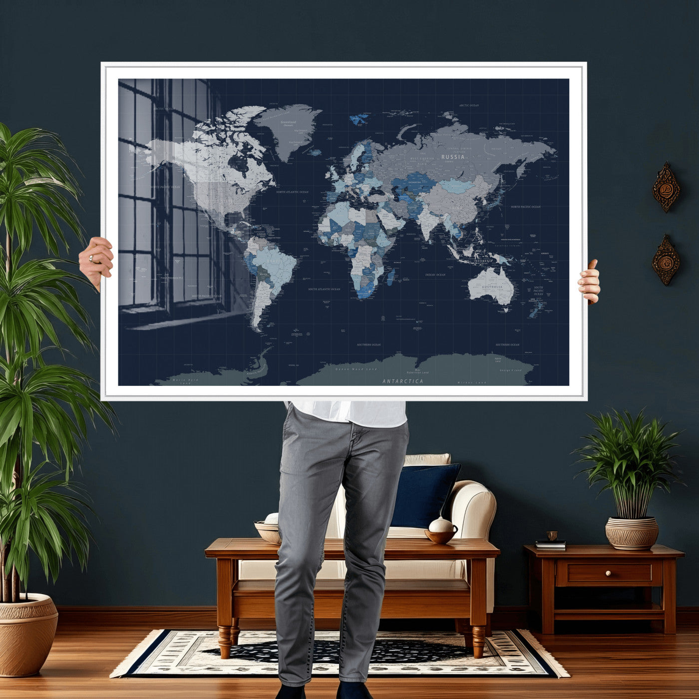 17712680-MGV-CV-36X24 - World Map Wall Art Canvas Print, Modern Decorative Framed Map Artwork Prints for Living Room, Office, Bedroom Wall Decor