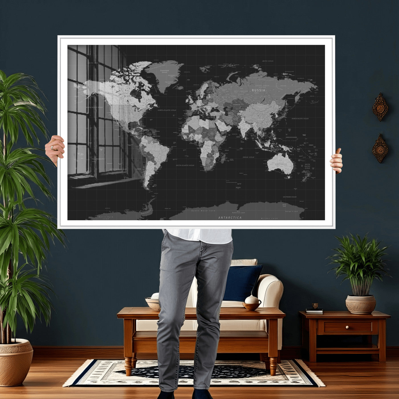 46160121-MGV-CV-36X24 - World Map Wall Art Canvas Print, Modern Decorative Framed Map Artwork Prints for Living Room, Office, Bedroom Wall Decor