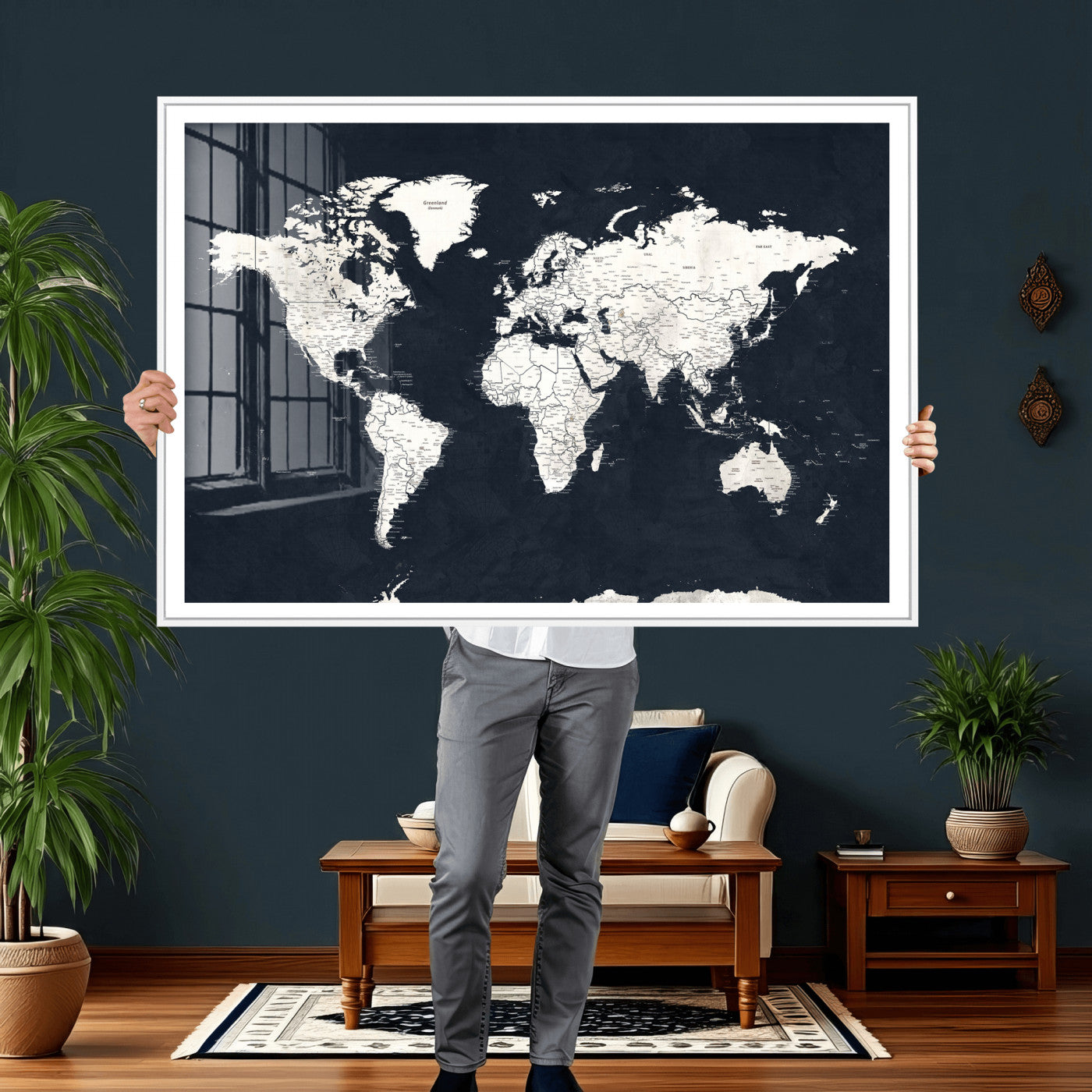 11963807-MGV-CV-36X24 - World Map Wall Art Canvas Print, Modern Decorative Framed Map Artwork Prints for Living Room, Office, Bedroom Wall Decor