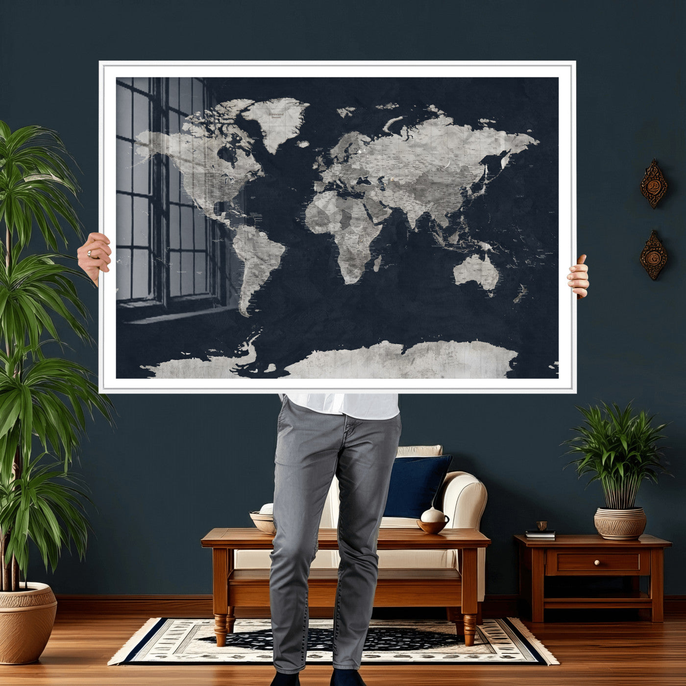 53886659-MGV-CV-36X24 - World Map Wall Art Canvas Print, Modern Decorative Framed Map Artwork Prints for Living Room, Office, Bedroom Wall Decor