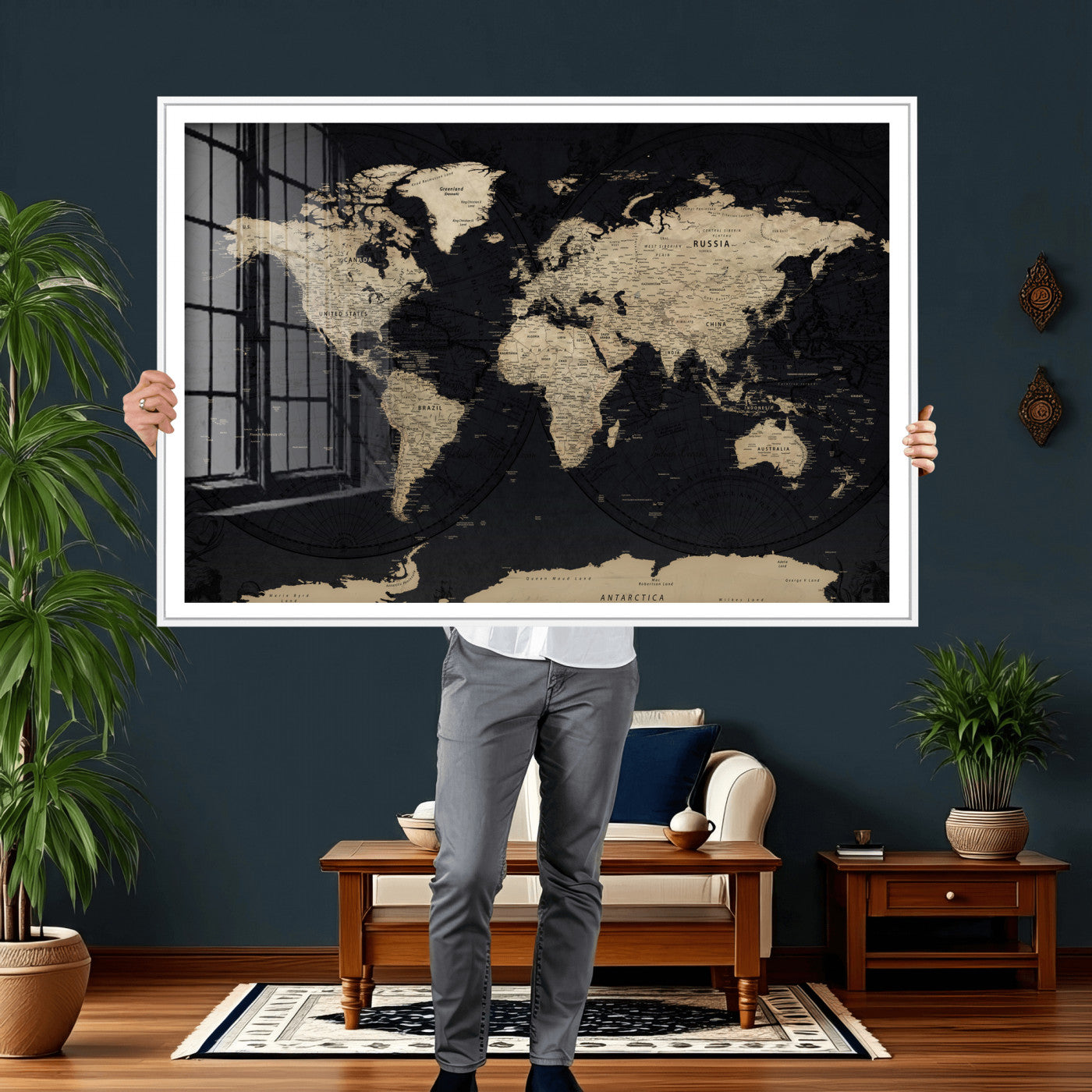 61835687-MGV-CV-36X24 - World Map Wall Art Canvas Print, Modern Decorative Framed Map Artwork Prints for Living Room, Office, Bedroom Wall Decor