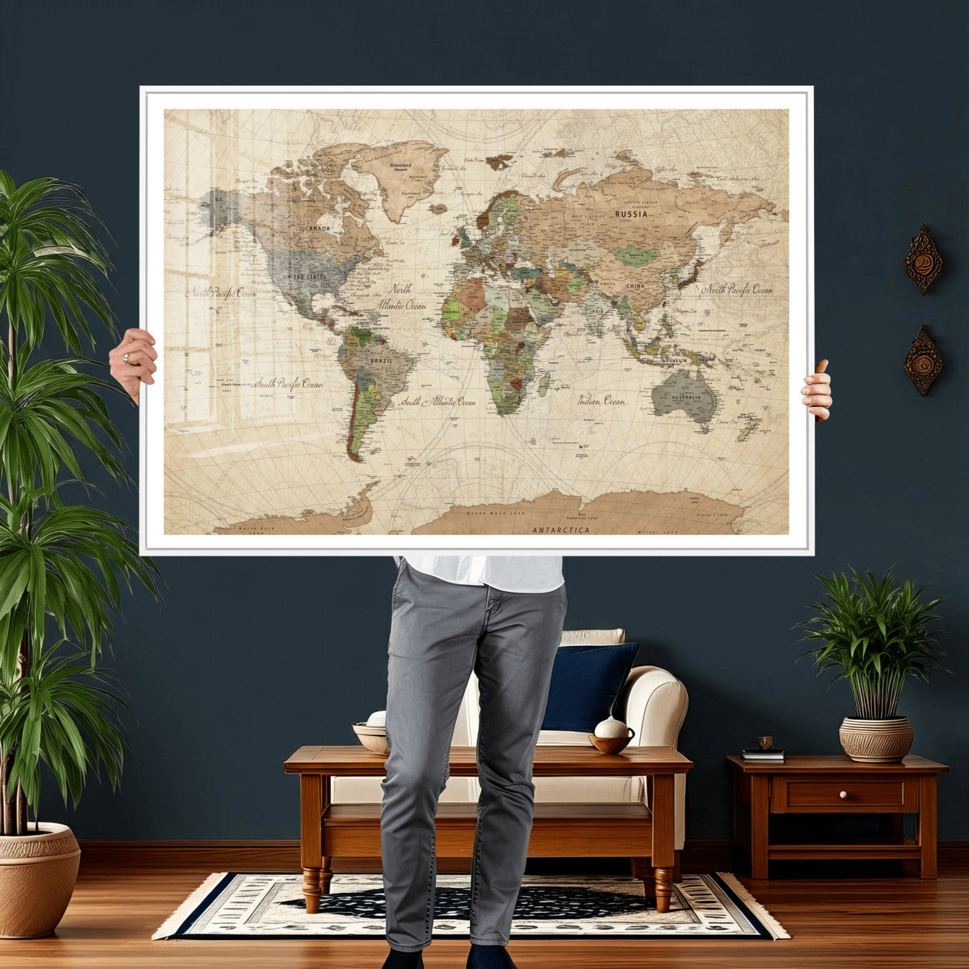16856902-MGV-CV-36X24 - World Map Wall Art Canvas Print, Modern Decorative Framed Map Artwork Prints for Living Room, Office, Bedroom Wall Decor