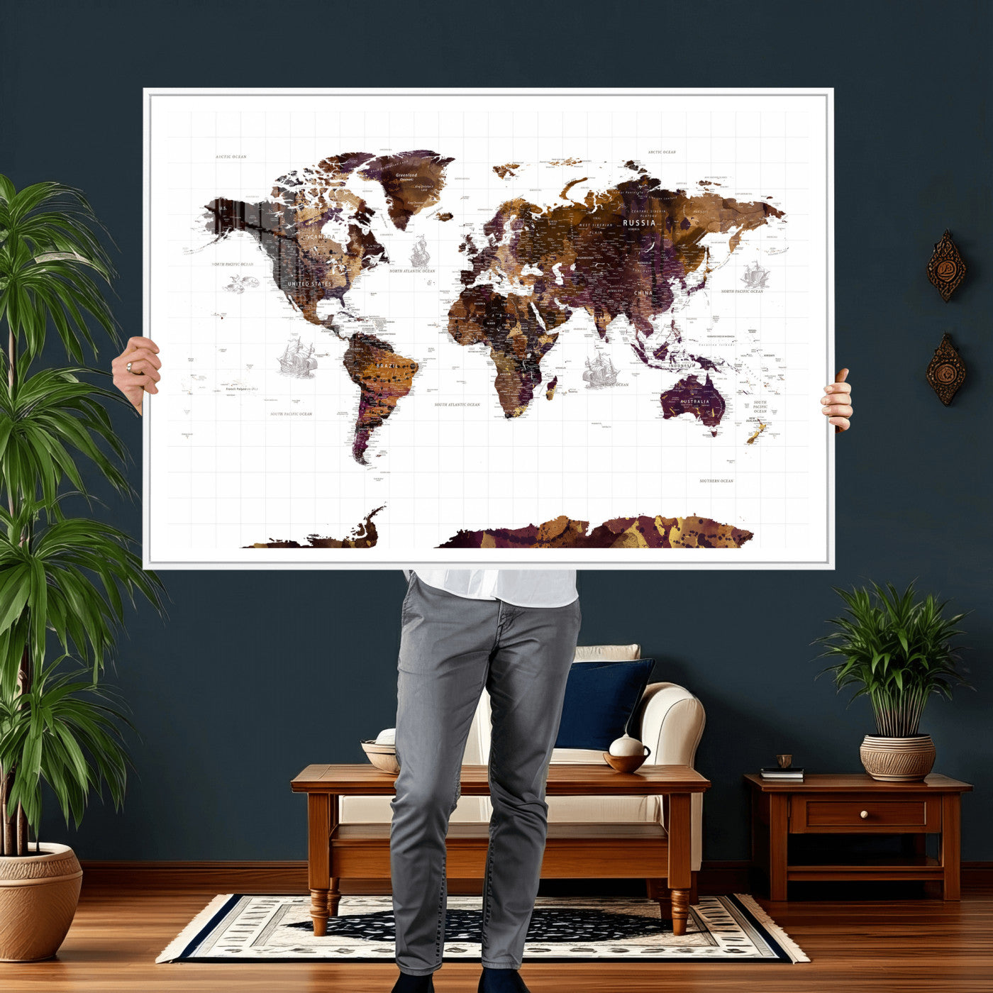34792695-MGV-CV-36X24 - World Map Wall Art Canvas Print, Modern Decorative Framed Map Artwork Prints for Living Room, Office, Bedroom Wall Decor