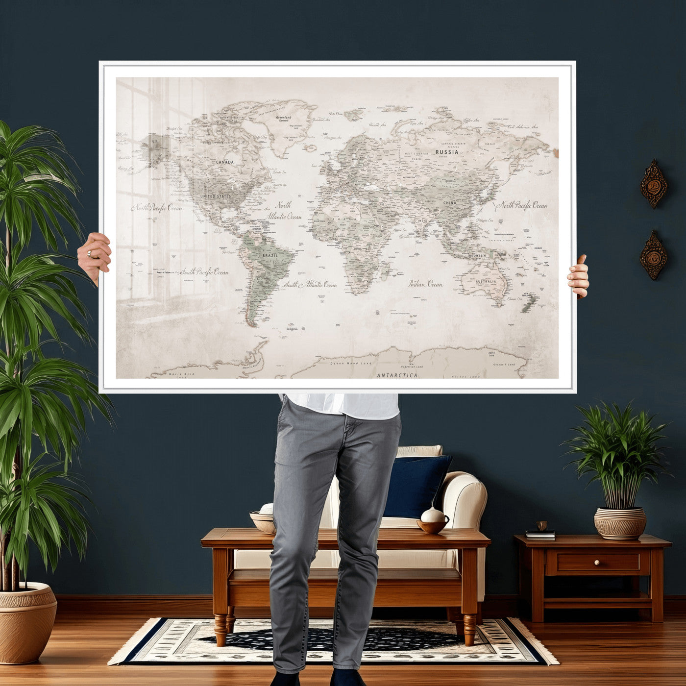 90355419-MGV-CV-36X24 - World Map Wall Art Canvas Print, Modern Decorative Framed Map Artwork Prints for Living Room, Office, Bedroom Wall Decor