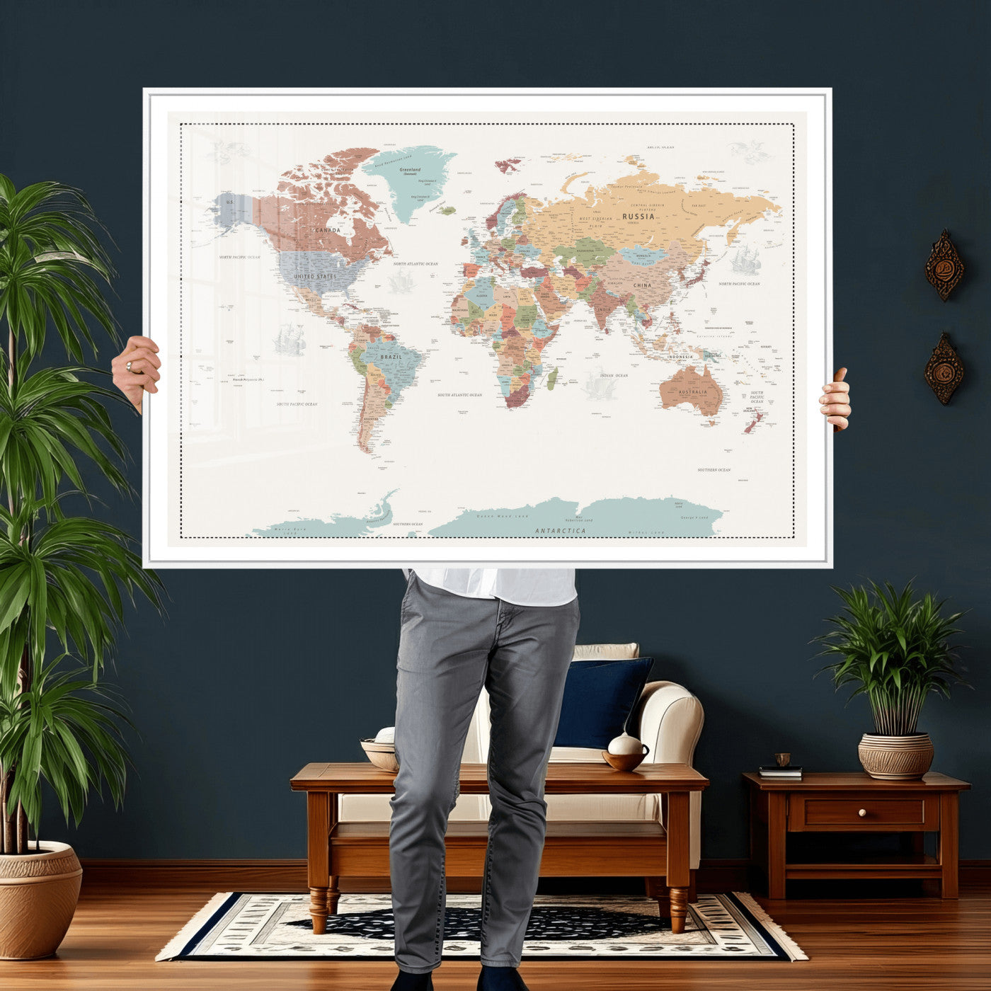 63447567-MGV-CV-36X24 - World Map Wall Art Canvas Print, Modern Decorative Framed Map Artwork Prints for Living Room, Office, Bedroom Wall Decor