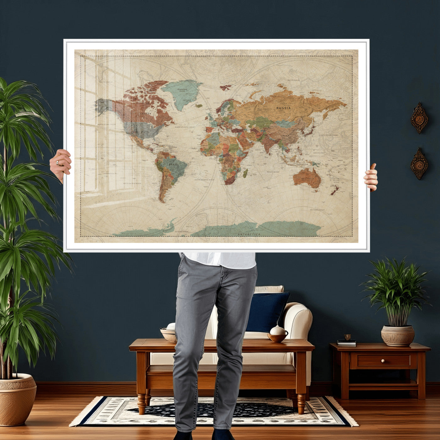 74172497-MGV-CV-36X24 - World Map Wall Art Canvas Print, Modern Decorative Framed Map Artwork Prints for Living Room, Office, Bedroom Wall Decor