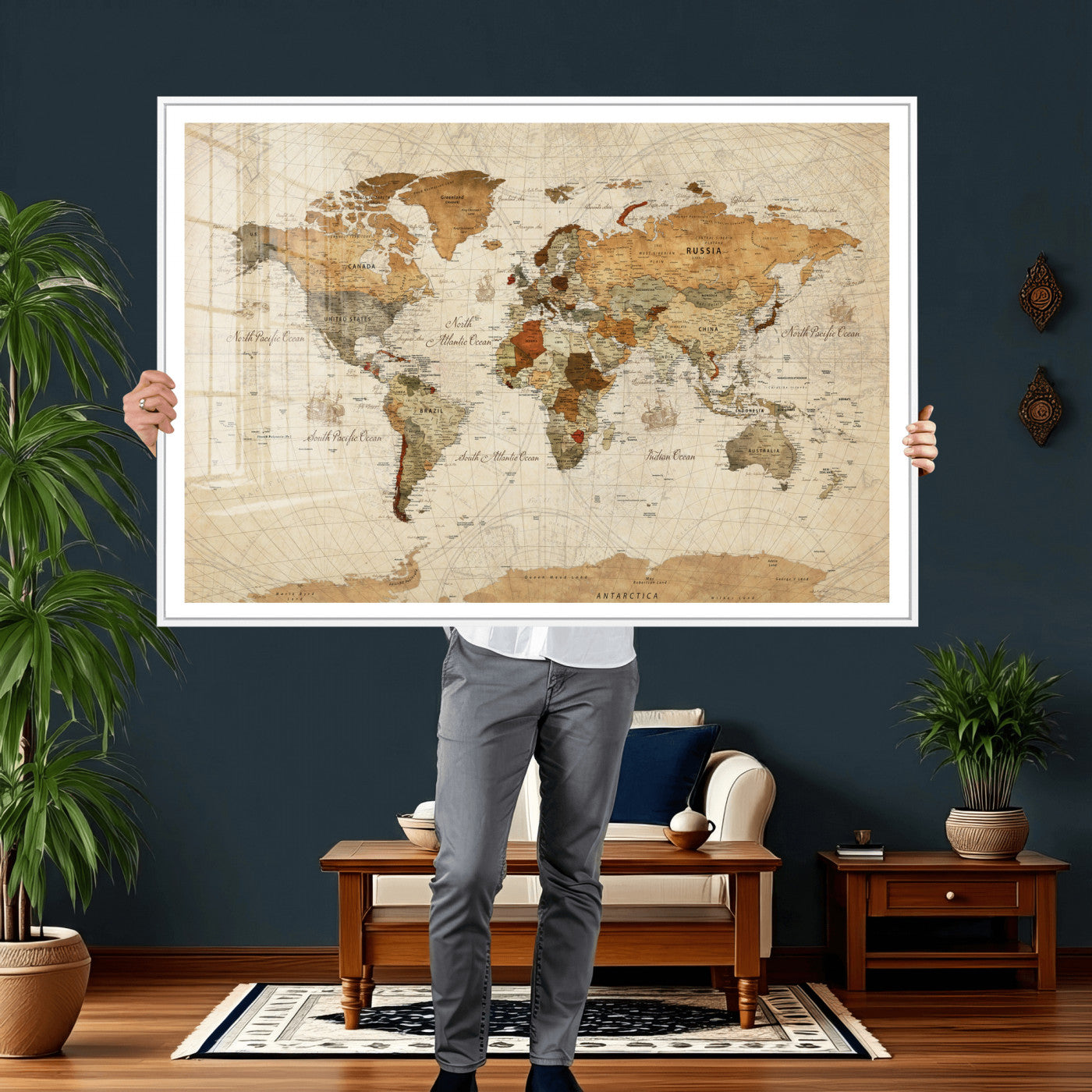 29684537-MGV-CV-36X24 - World Map Wall Art Canvas Print, Modern Decorative Framed Map Artwork Prints for Living Room, Office, Bedroom Wall Decor