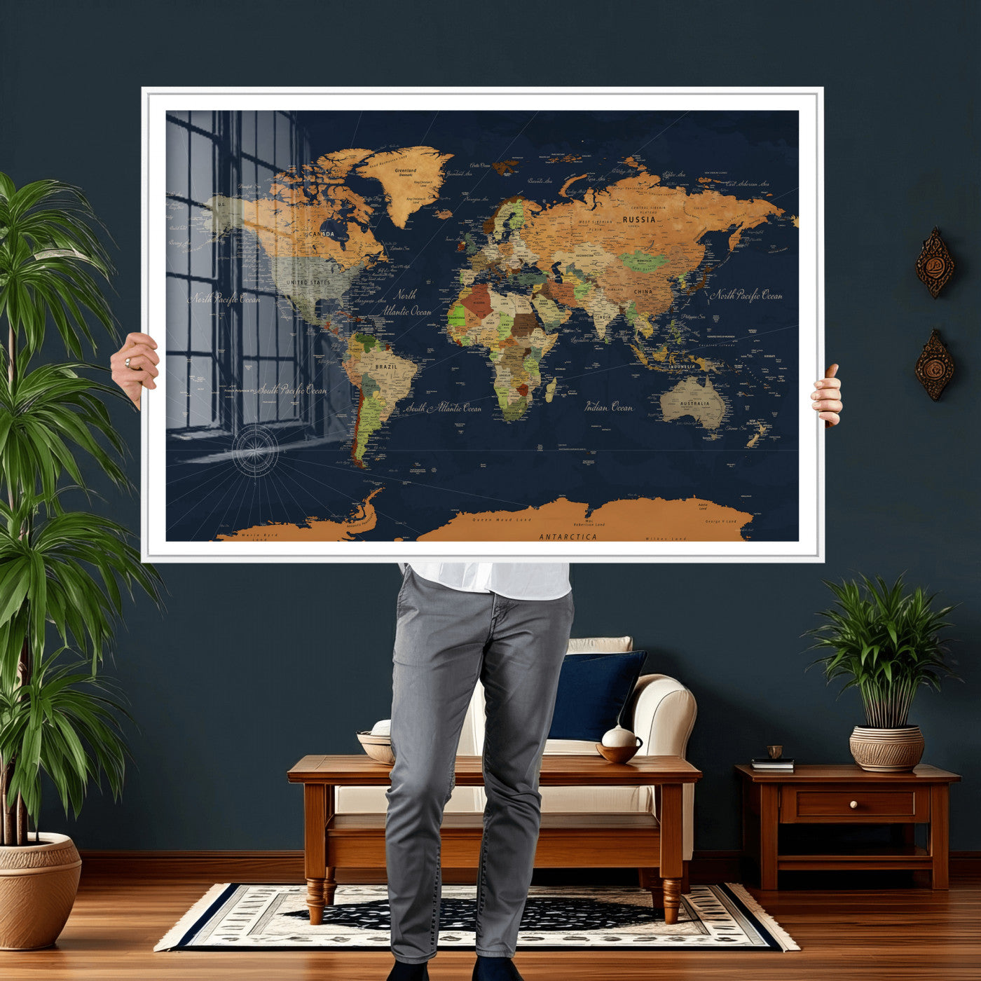 11715182-MGV-CV-36X24 - World Map Wall Art Canvas Print, Modern Decorative Framed Map Artwork Prints for Living Room, Office, Bedroom Wall Decor