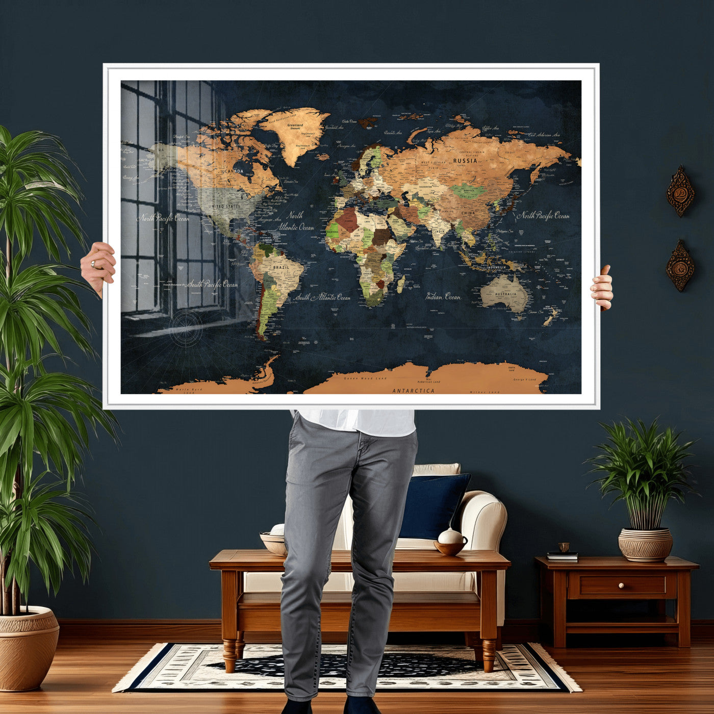 53717402-MGV-CV-36X24 - World Map Wall Art Canvas Print, Modern Decorative Framed Map Artwork Prints for Living Room, Office, Bedroom Wall Decor