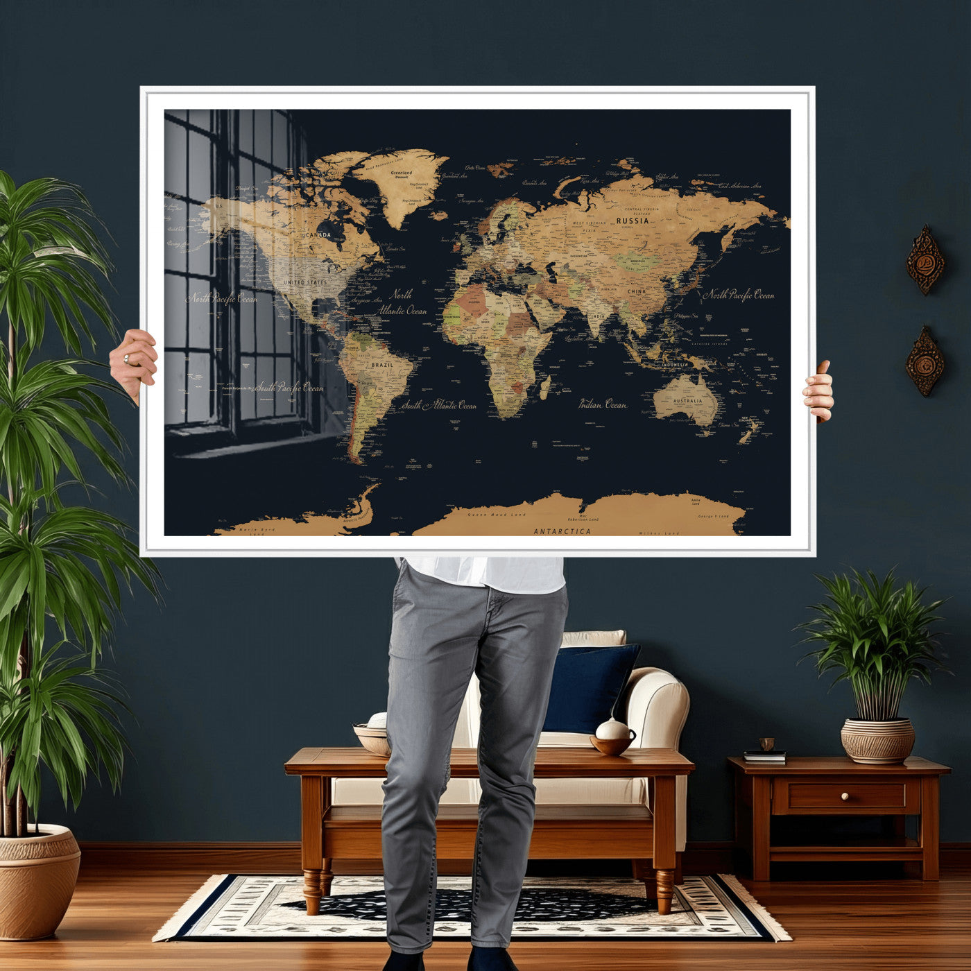 36916368-MGV-CV-36X24 - World Map Wall Art Canvas Print, Modern Decorative Framed Map Artwork Prints for Living Room, Office, Bedroom Wall Decor