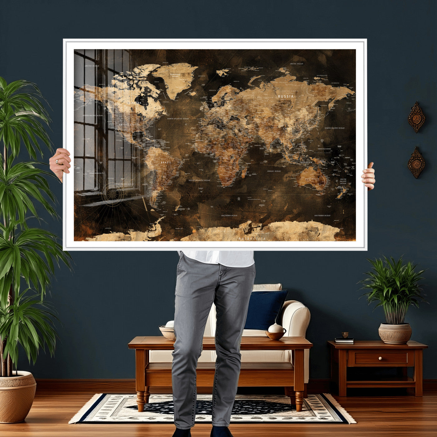 97742922-MGV-CV-36X24 - World Map Wall Art Canvas Print, Modern Decorative Framed Map Artwork Prints for Living Room, Office, Bedroom Wall Decor