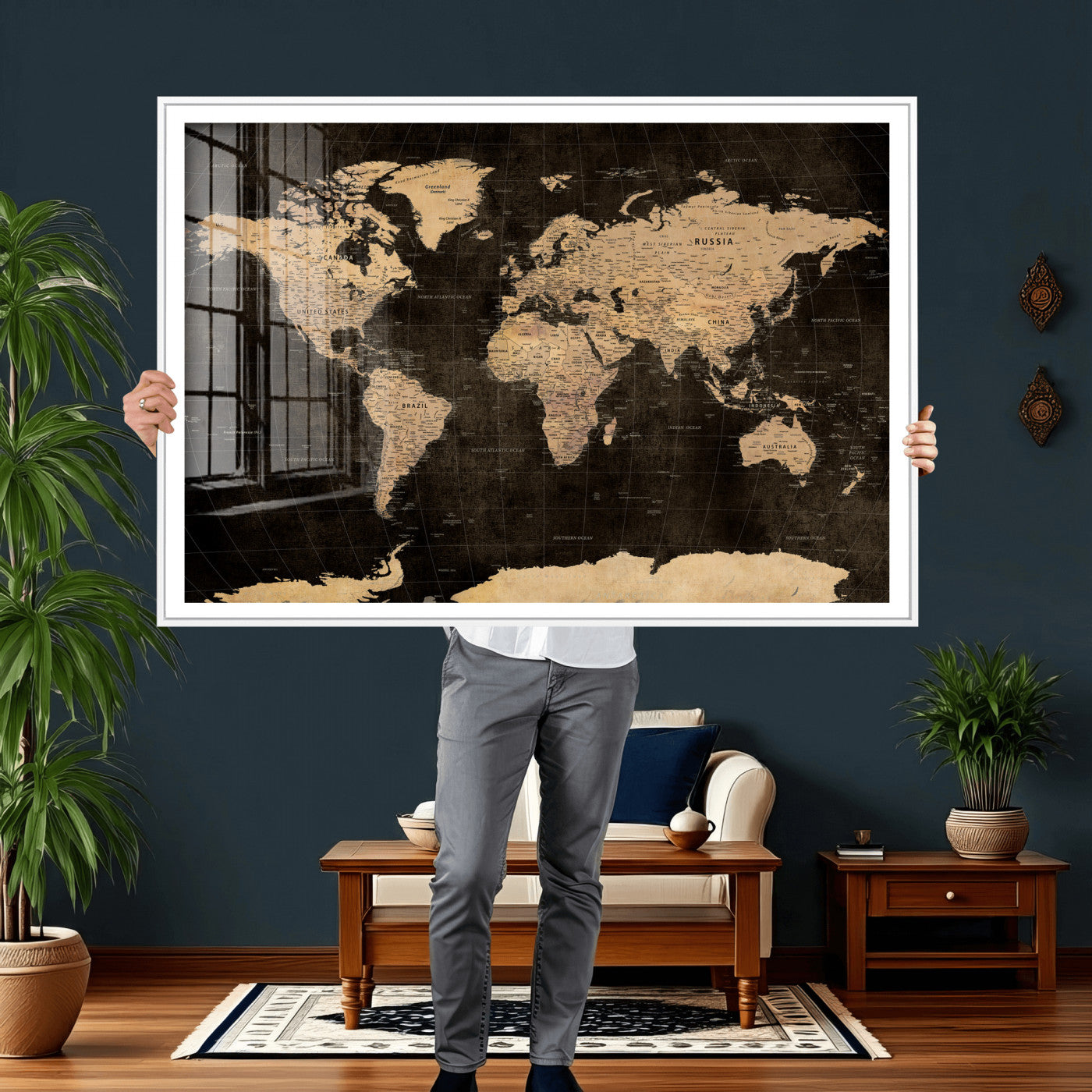 17790470-MGV-CV-36X24 - World Map Wall Art Canvas Print, Modern Decorative Framed Map Artwork Prints for Living Room, Office, Bedroom Wall Decor