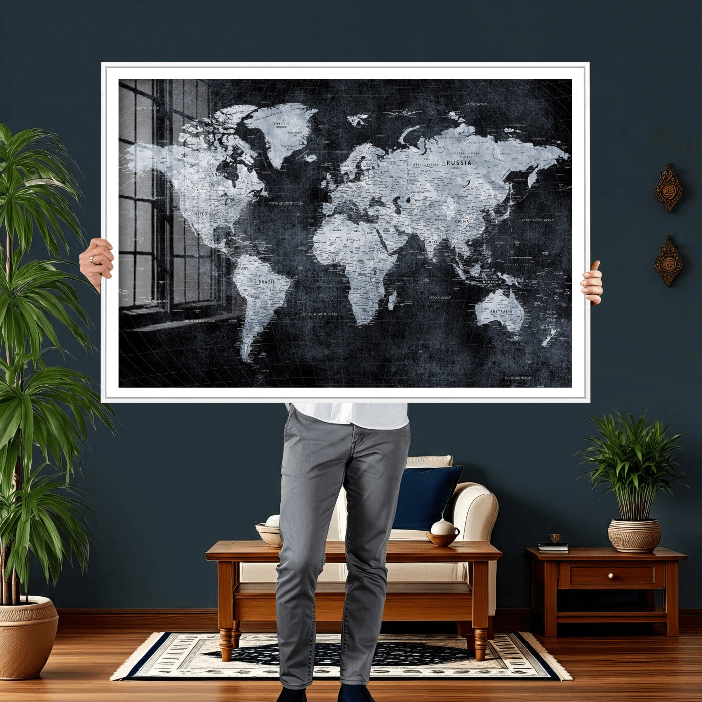 86893704-MGV-CV-36X24 - World Map Wall Art Canvas Print, Modern Decorative Framed Map Artwork Prints for Living Room, Office, Bedroom Wall Decor