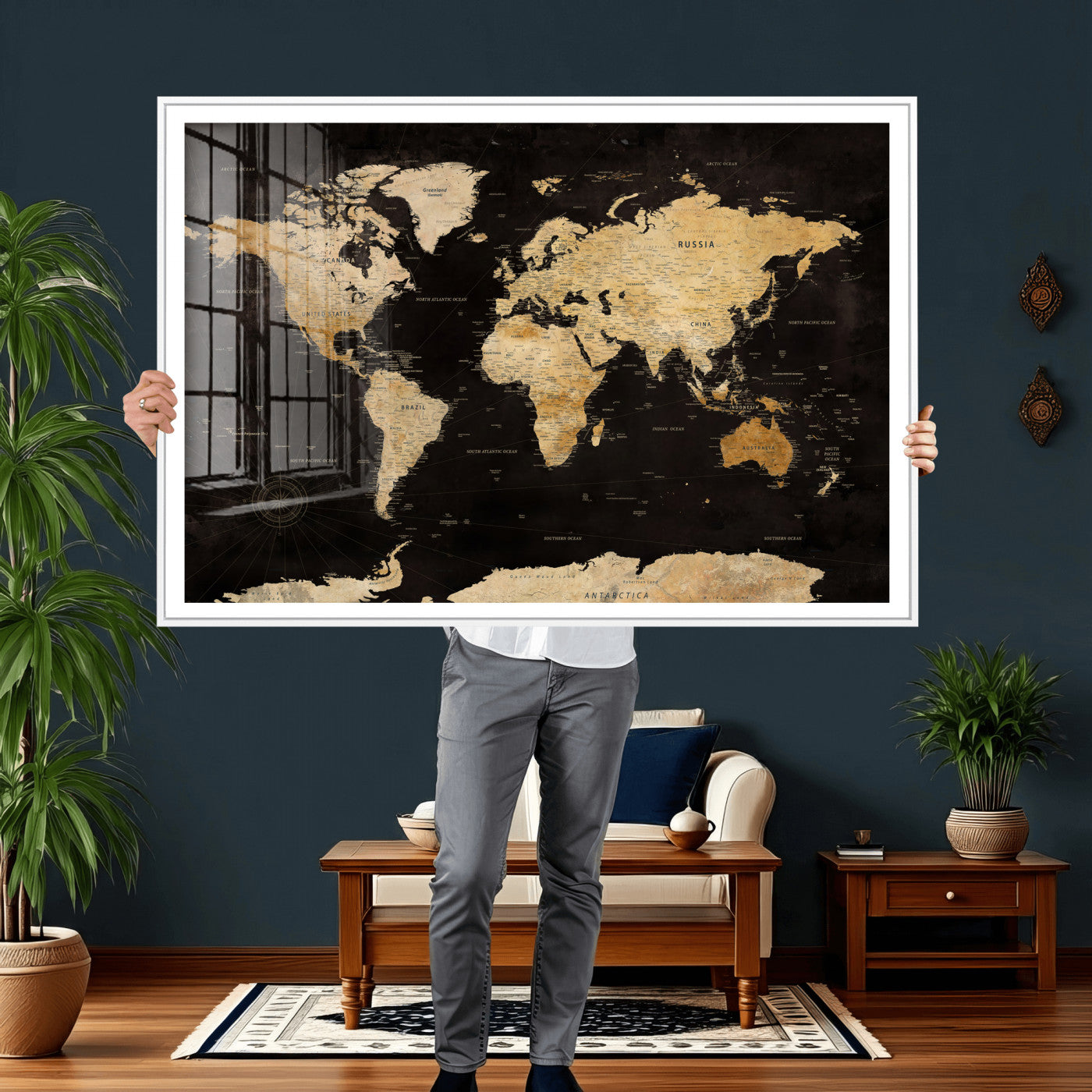 70468159-MGV-CV-36X24 - World Map Wall Art Canvas Print, Modern Decorative Framed Map Artwork Prints for Living Room, Office, Bedroom Wall Decor
