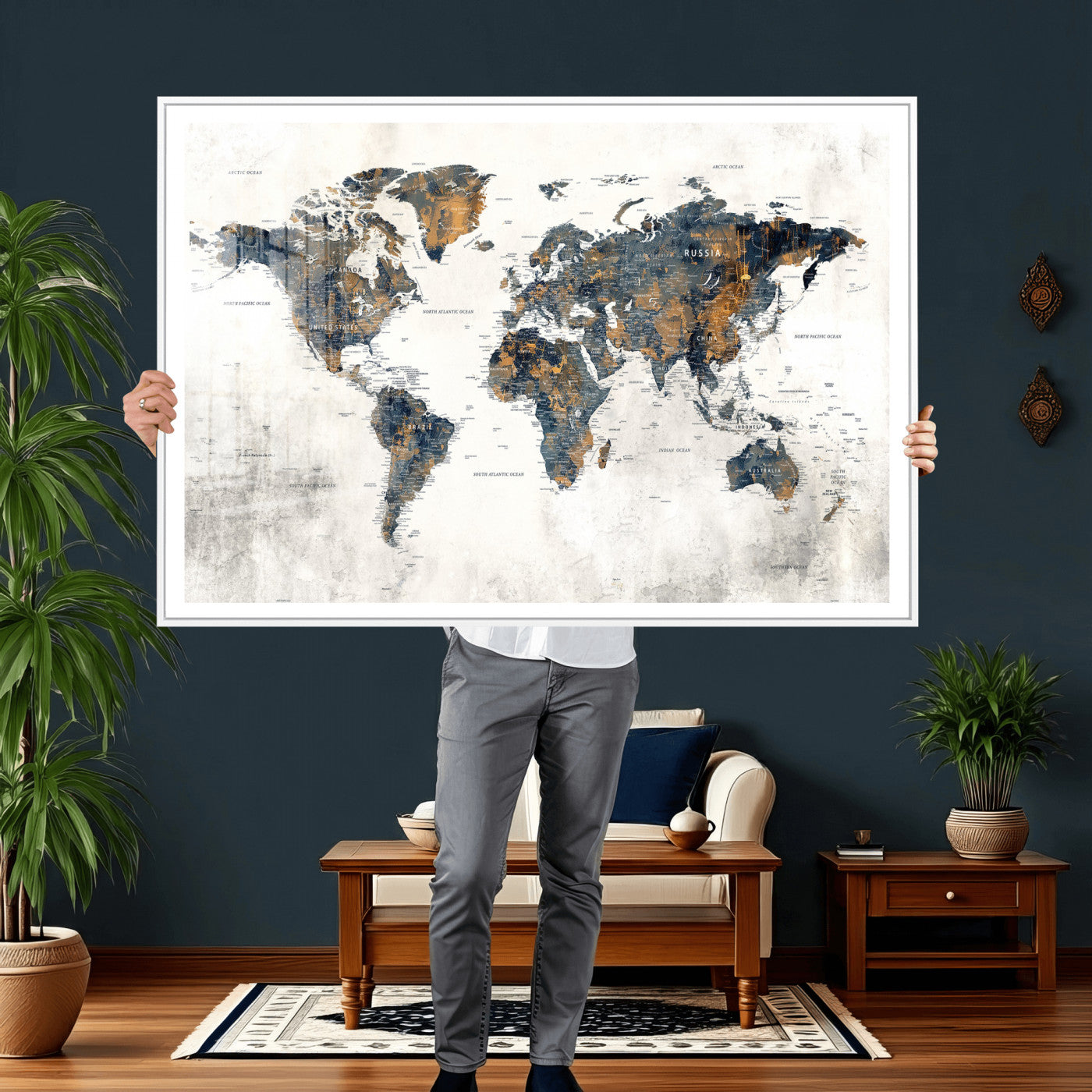 52451147-MGV-CV-36X24 - World Map Wall Art Canvas Print, Modern Decorative Framed Map Artwork Prints for Living Room, Office, Bedroom Wall Decor