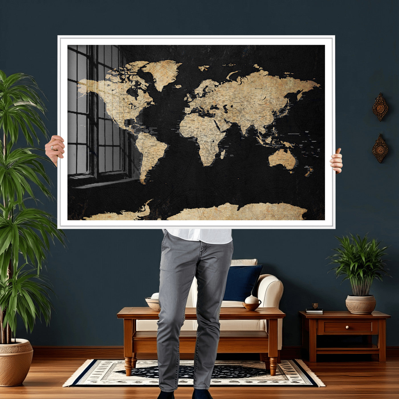 71518849-MGV-CV-36X24 - World Map Wall Art Canvas Print, Modern Decorative Framed Map Artwork Prints for Living Room, Office, Bedroom Wall Decor