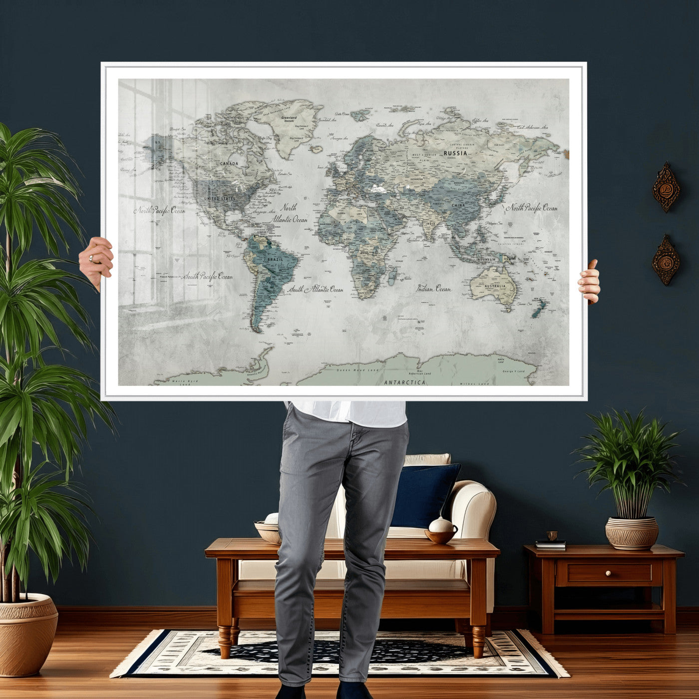 91132939-MGV-CV-36X24 - World Map Wall Art Canvas Print, Modern Decorative Framed Map Artwork Prints for Living Room, Office, Bedroom Wall Decor