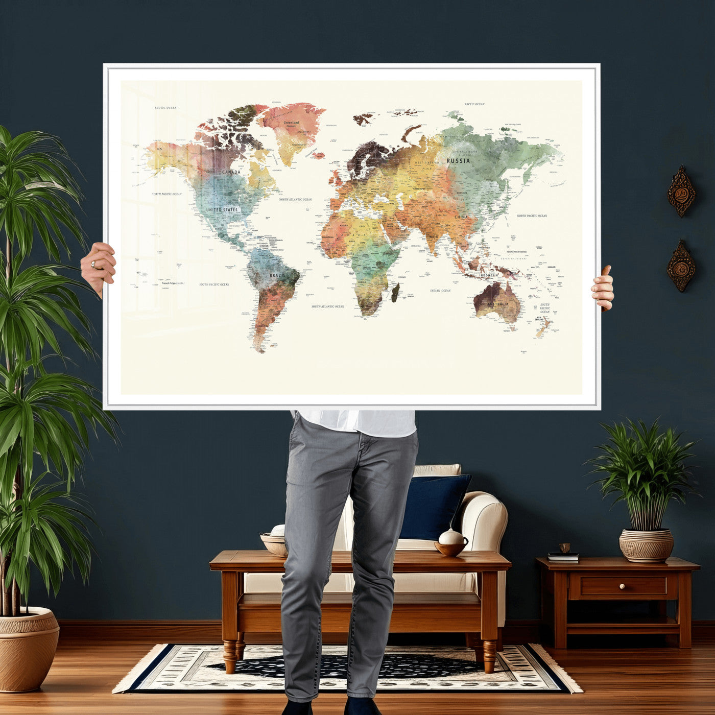 64206059-MGV-CV-36X24 - World Map Wall Art Canvas Print, Modern Decorative Framed Map Artwork Prints for Living Room, Office, Bedroom Wall Decor