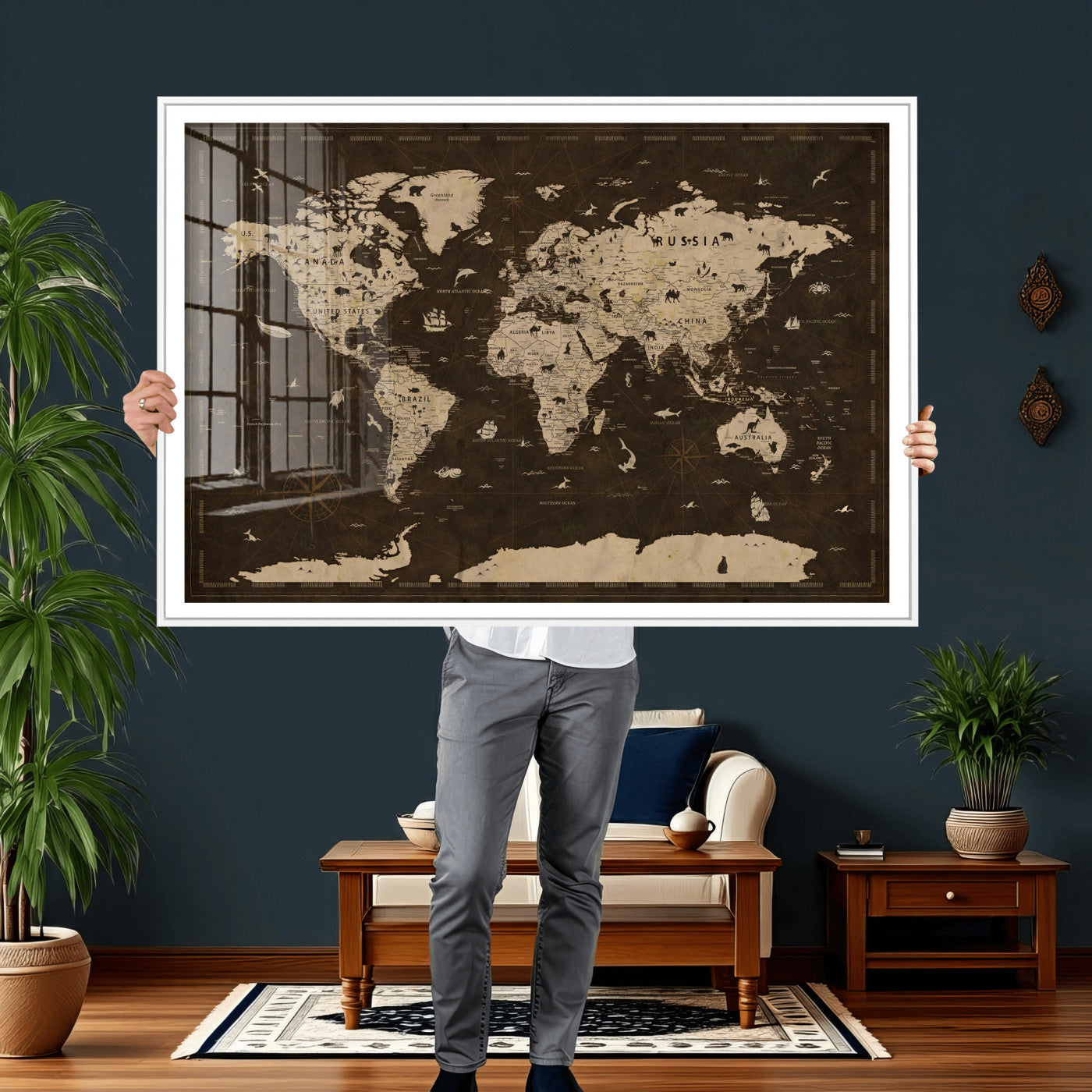 44276398-MGV-CV-36X24 - World Map Wall Art Canvas Print, Modern Decorative Framed Map Artwork Prints for Living Room, Office, Bedroom Wall Decor