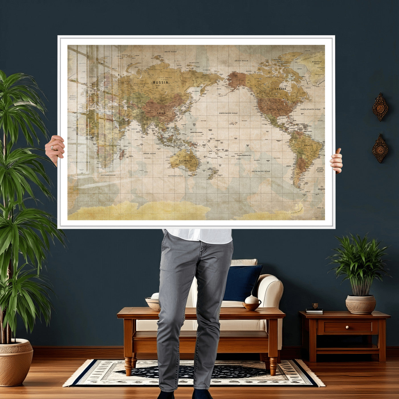 22305205-MGV-CV-36X24 - World Map Wall Art Canvas Print, Modern Decorative Framed Map Artwork Prints for Living Room, Office, Bedroom Wall Decor
