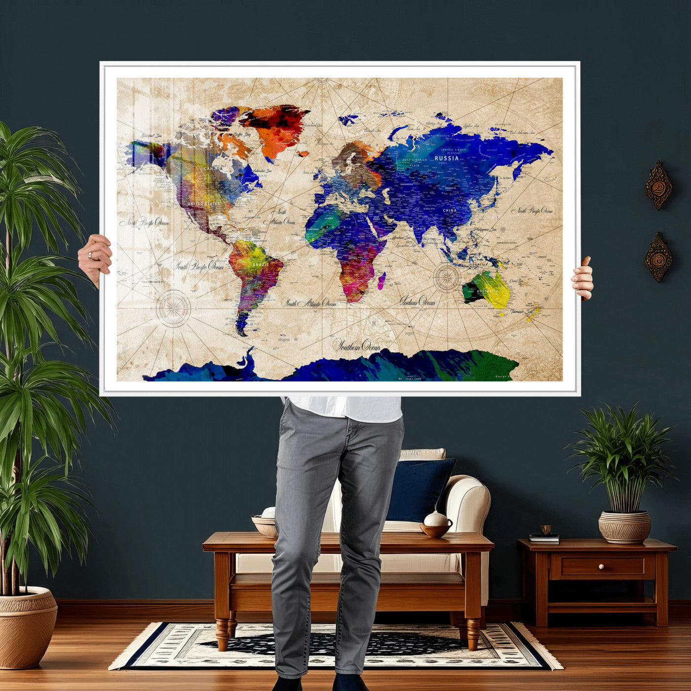 26284075-MGV-CV-36X24 - World Map Wall Art Canvas Print, Modern Decorative Framed Map Artwork Prints for Living Room, Office, Bedroom Wall Decor