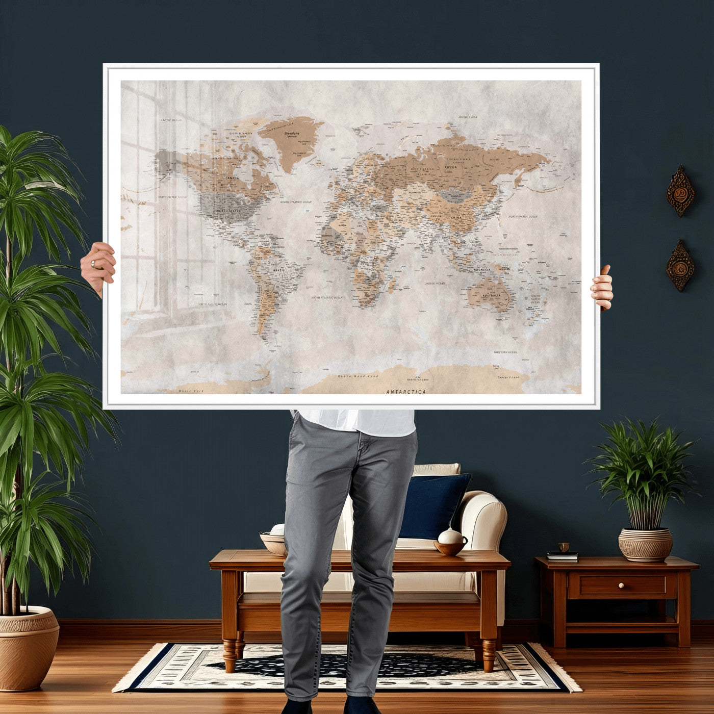 34051638-MGV-CV-36X24 - World Map Wall Art Canvas Print, Modern Decorative Framed Map Artwork Prints for Living Room, Office, Bedroom Wall Decor