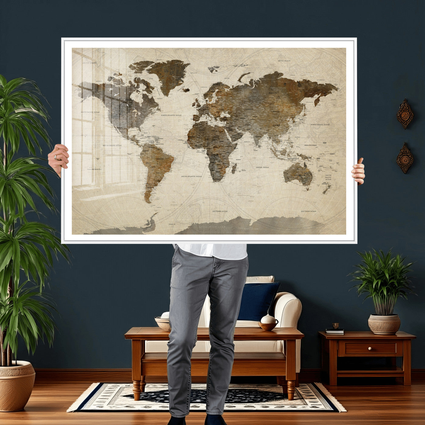 49623468-MGV-CV-36X24 - World Map Wall Art Canvas Print, Modern Decorative Framed Map Artwork Prints for Living Room, Office, Bedroom Wall Decor