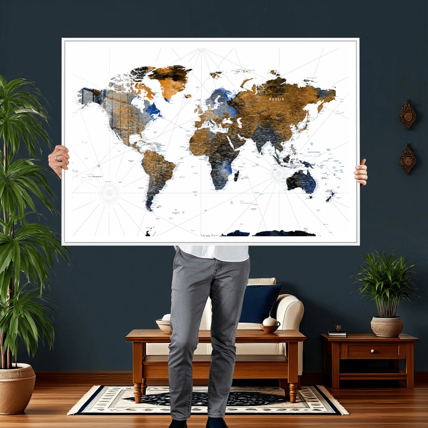 56364879-MGV-CV-36X24 - World Map Wall Art Canvas Print, Modern Decorative Framed Map Artwork Prints for Living Room Decor