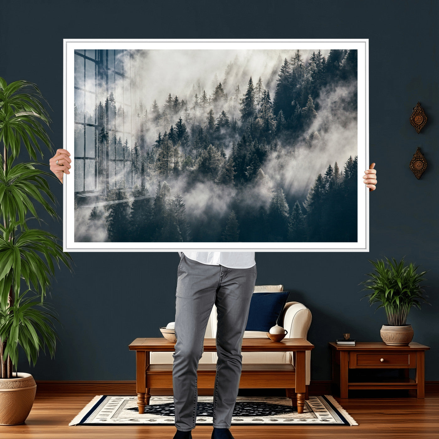 63405824-MGV-CV-36X24 - Foggy Mountain Forest Canvas Print, Misty Pine Trees Nature Wall Art, Framed Canvas Ready to Hang