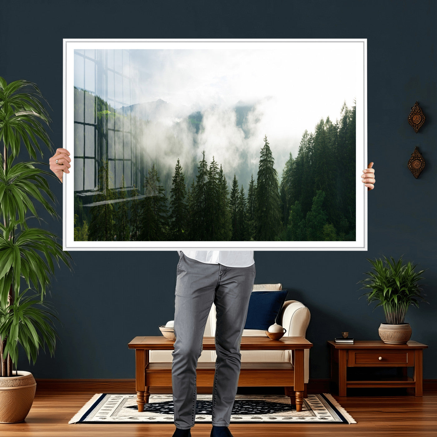 67174129-MGV-CV-36X24 - Misty Mountain Forest Canvas Print, Foggy Pine Trees Nature Wall Art, Framed Canvas Ready to Hang